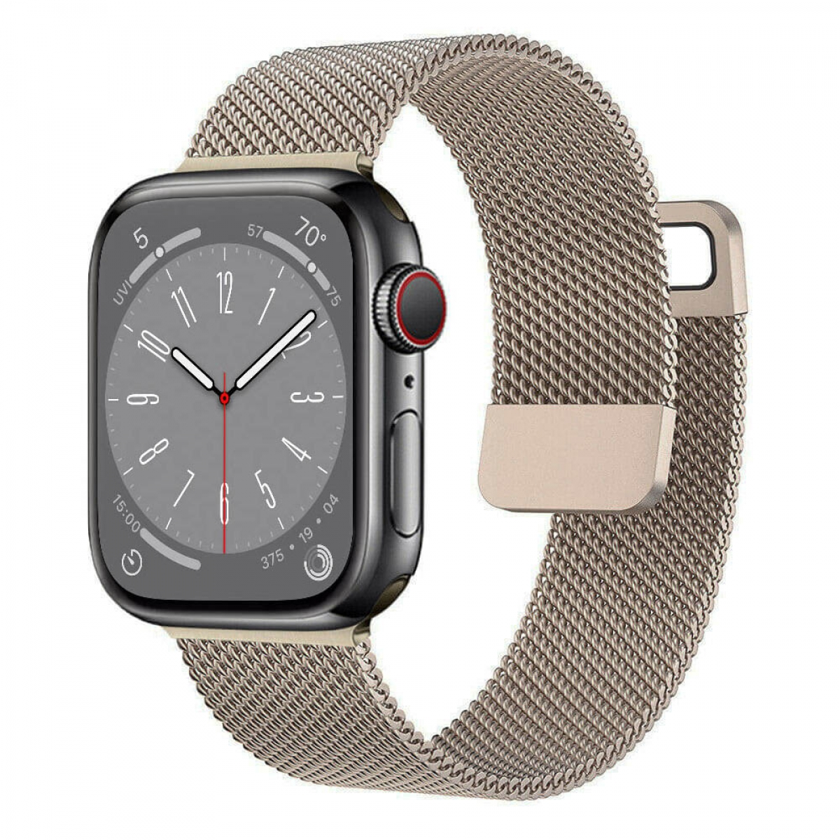 Smartwatch mit Mesh-Armband, zeigt die Uhrzeit, umgeben von verschiedenen Daten auf dem Bildschirm.