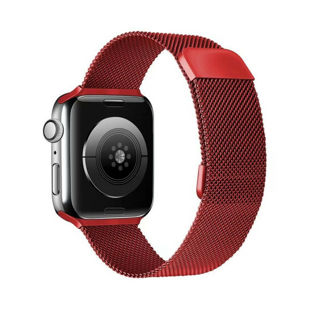 Rote Apple Watch mit rotem Mesh-Armband, isoliert auf weißem Hintergrund.