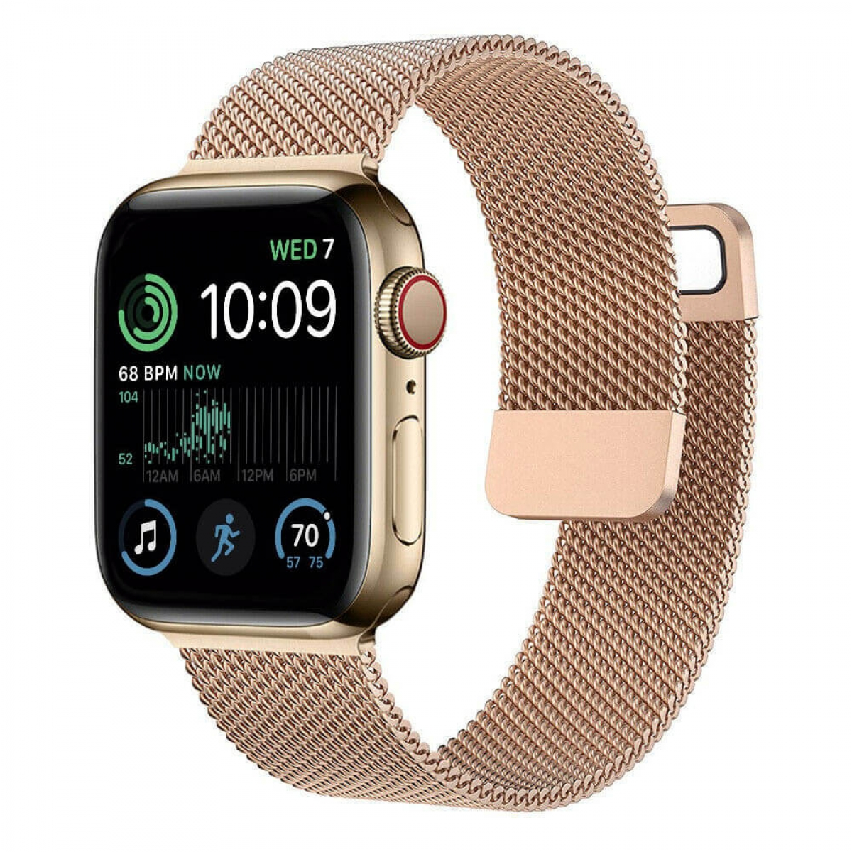 Goldene Apple Watch mit Metallarmband, das Zeit und Gesundheitsdaten anzeigt. Das Band ist getrennt.