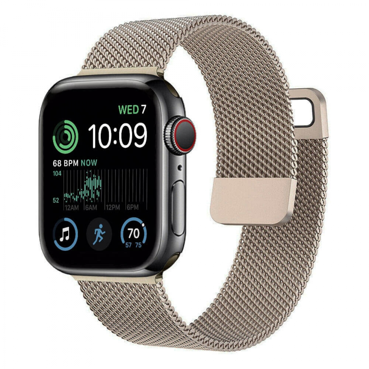 Smartwatch mit Mesh-Armband, das die Uhrzeit und Gesundheitsmetriken auf dem Bildschirm anzeigt. Auf weißem Hintergrund.
