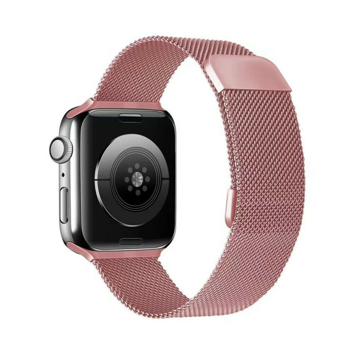 Roségoldene Apple Watch mit roségoldenem Mesh-Band, vor weißem Hintergrund.