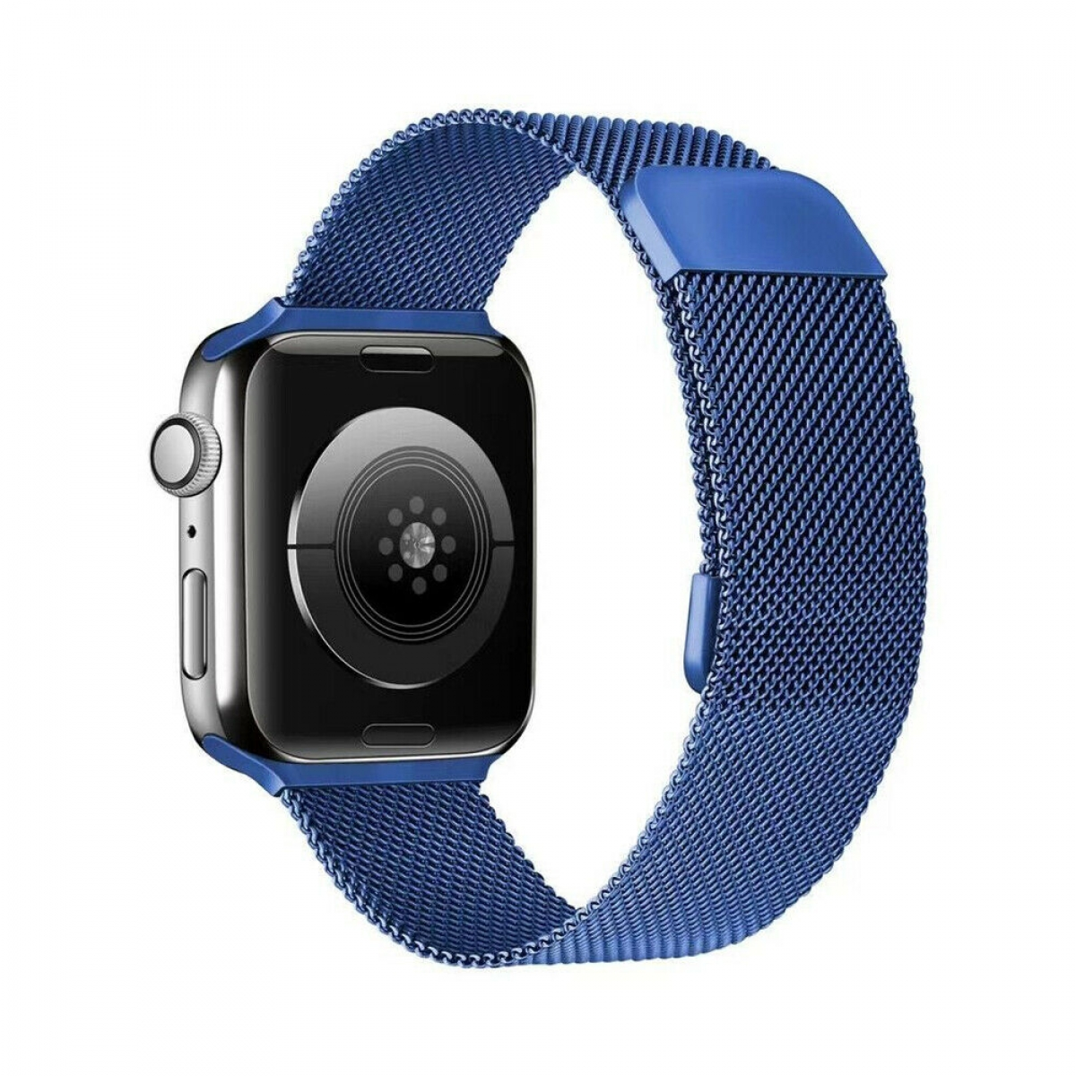Blaue Apple Watch mit blauem Metallarmband.