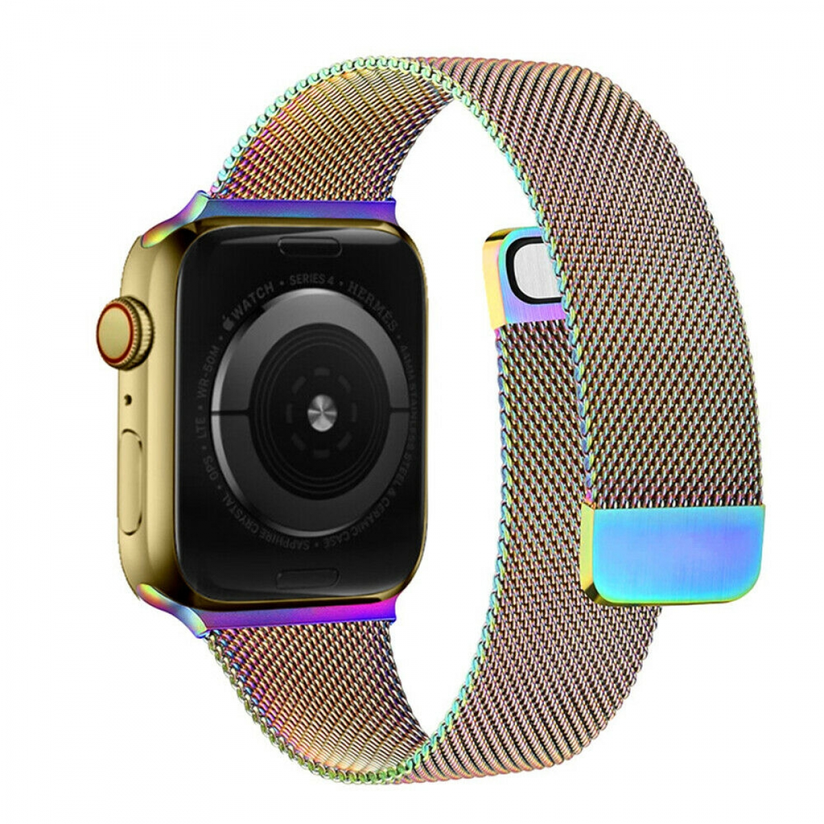 Goldene Apple Watch mit Regenbogen-Metallgitterarmband. Die Uhr ist angewinkelt.
