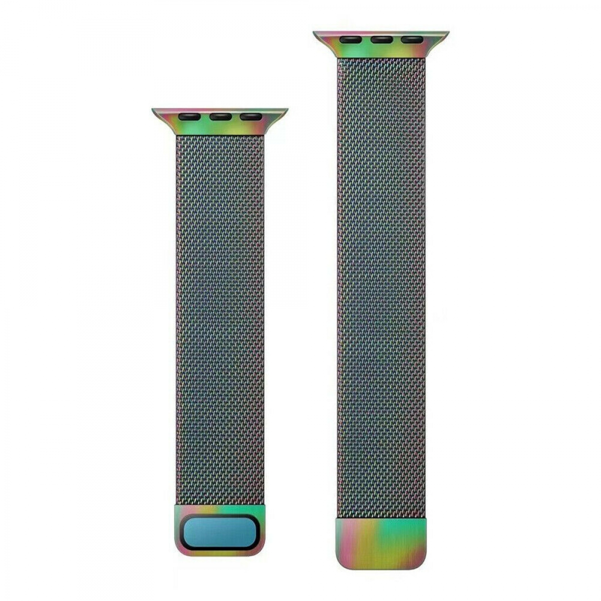 Zwei metallische Uhrenarmbänder mit Mesh-Design. Sie zeigen einen Regenbogeneffekt.