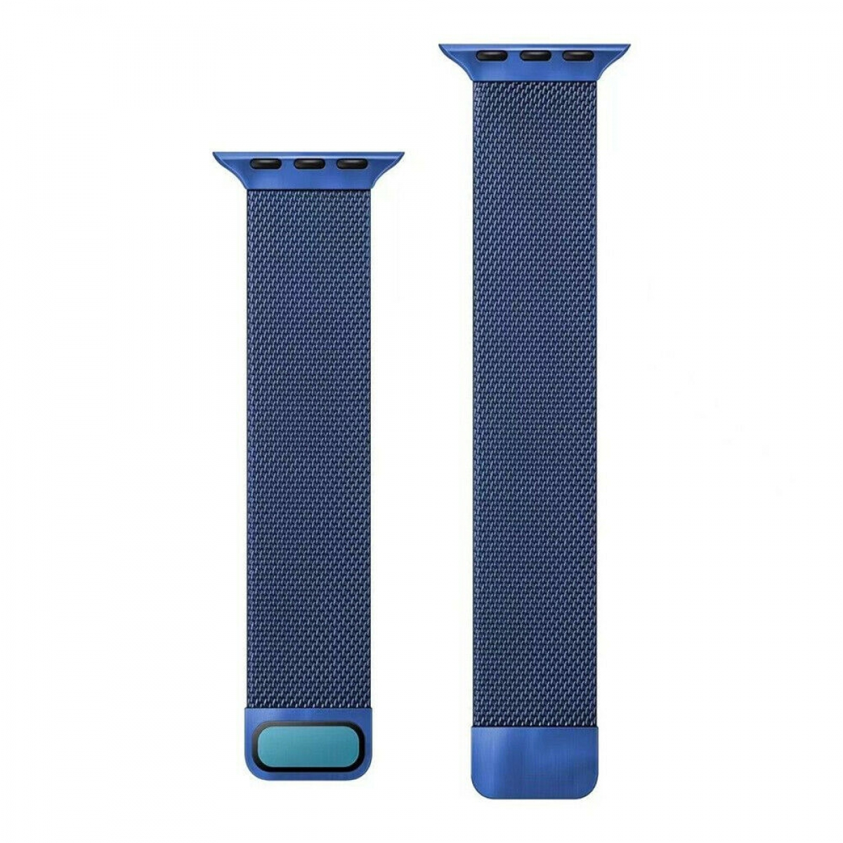 Zwei blaue Mesh-Uhrenarmbänder. Eines lang und eines kurz. Beide haben blaue Anschlüsse auf weißem Hintergrund.