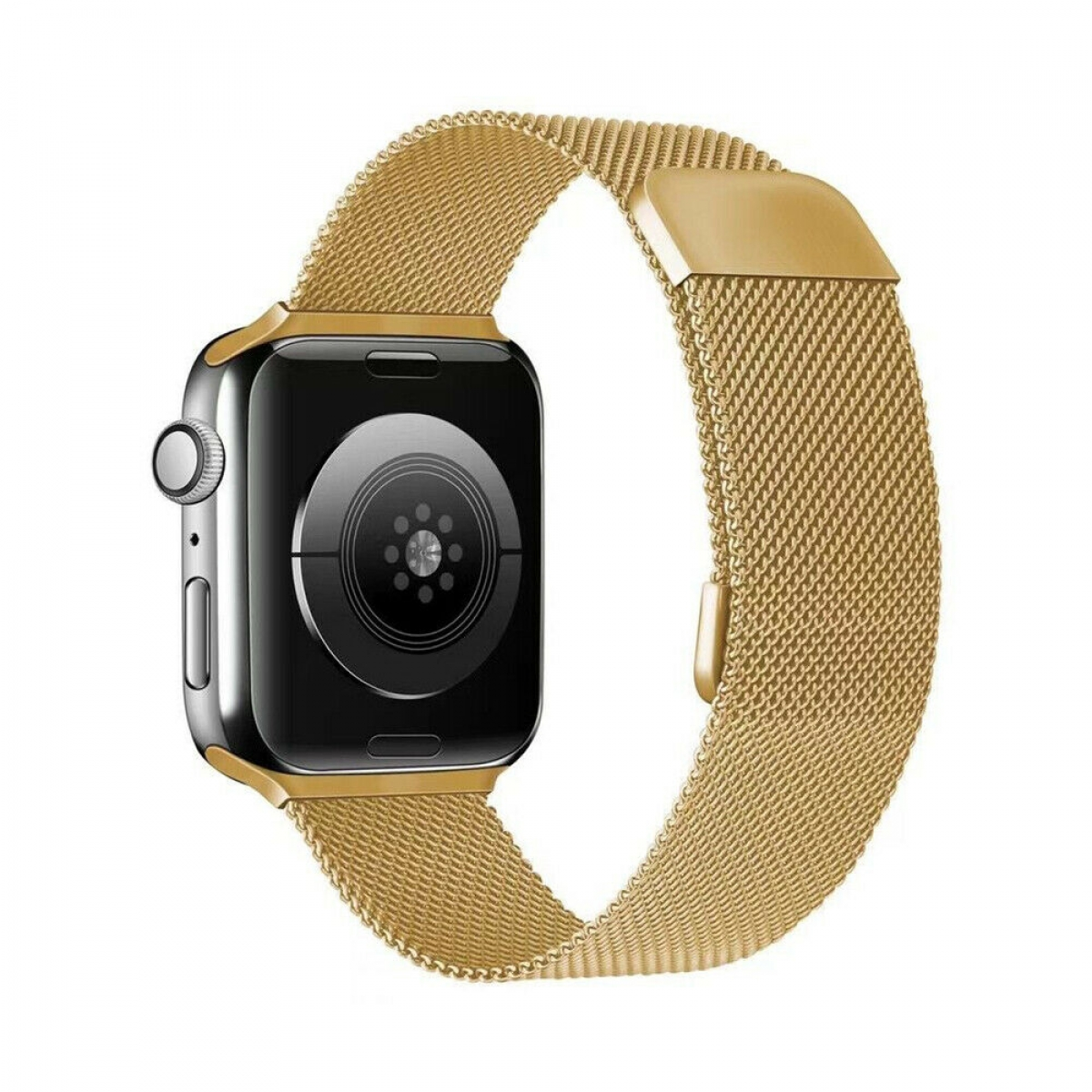 Eine Apple Watch mit einem goldfarbenen Mesh-Armband, vor weißem Hintergrund präsentiert.