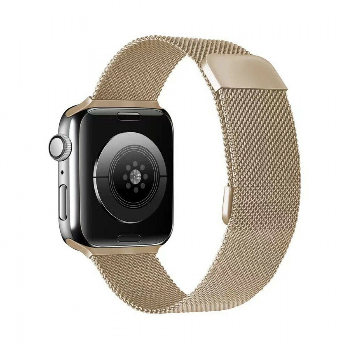 Eine goldfarbene Apple Watch mit goldfarbenem Mesh-Armband, isoliert auf weißem Hintergrund.