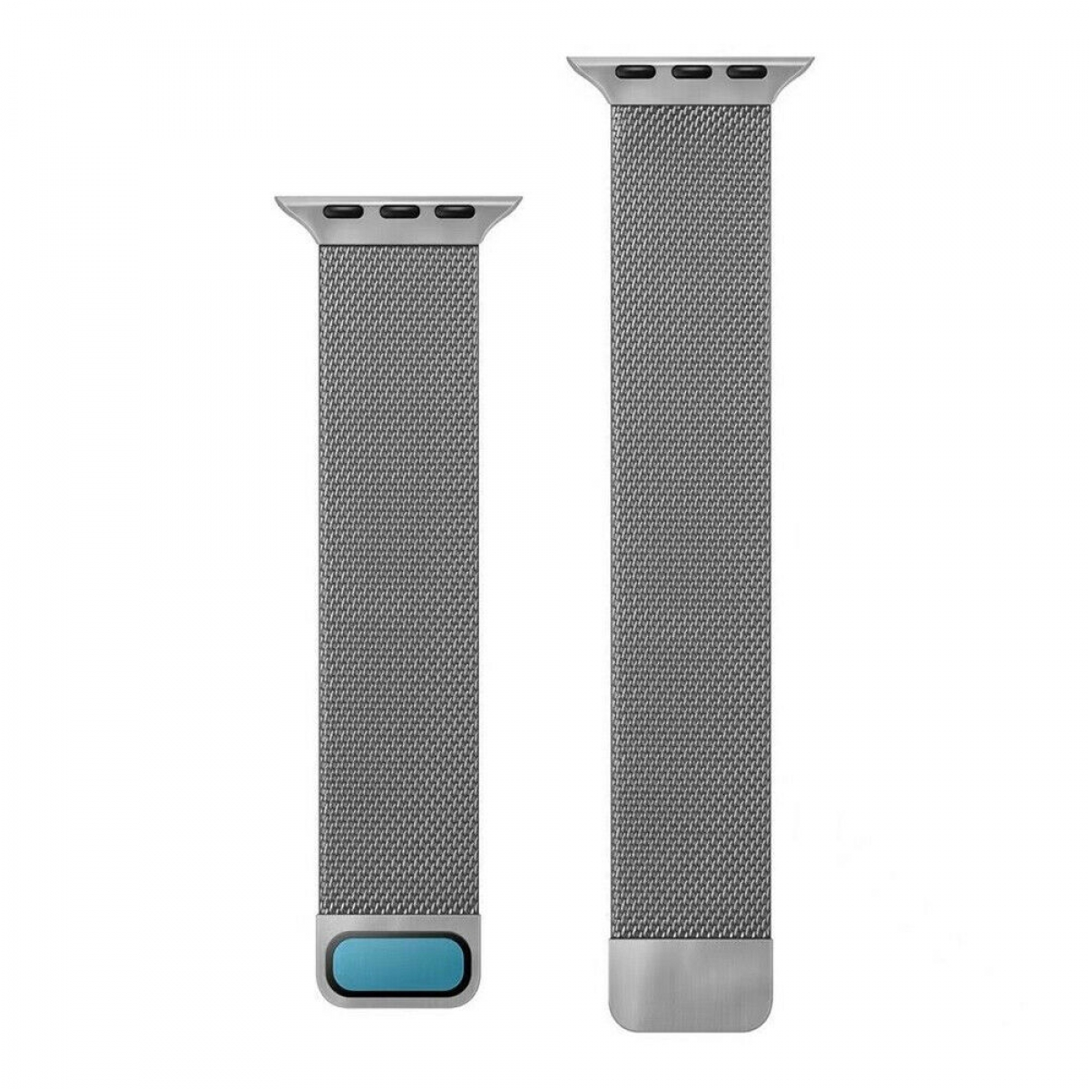 Zwei silbergraue Uhrenarmbänder mit Mesh-Muster, für eine Apple Watch.