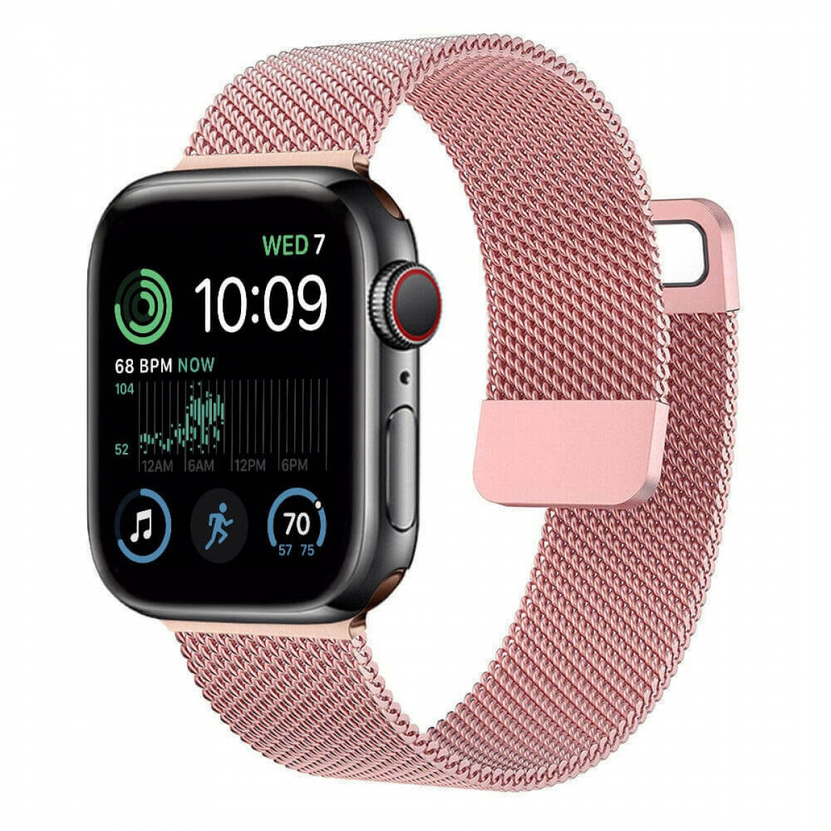 Smartwatch mit pinkfarbenem Armband zeigt Zeit und Gesundheitsdaten. Der Bildschirm zeigt Zeit und Daten.