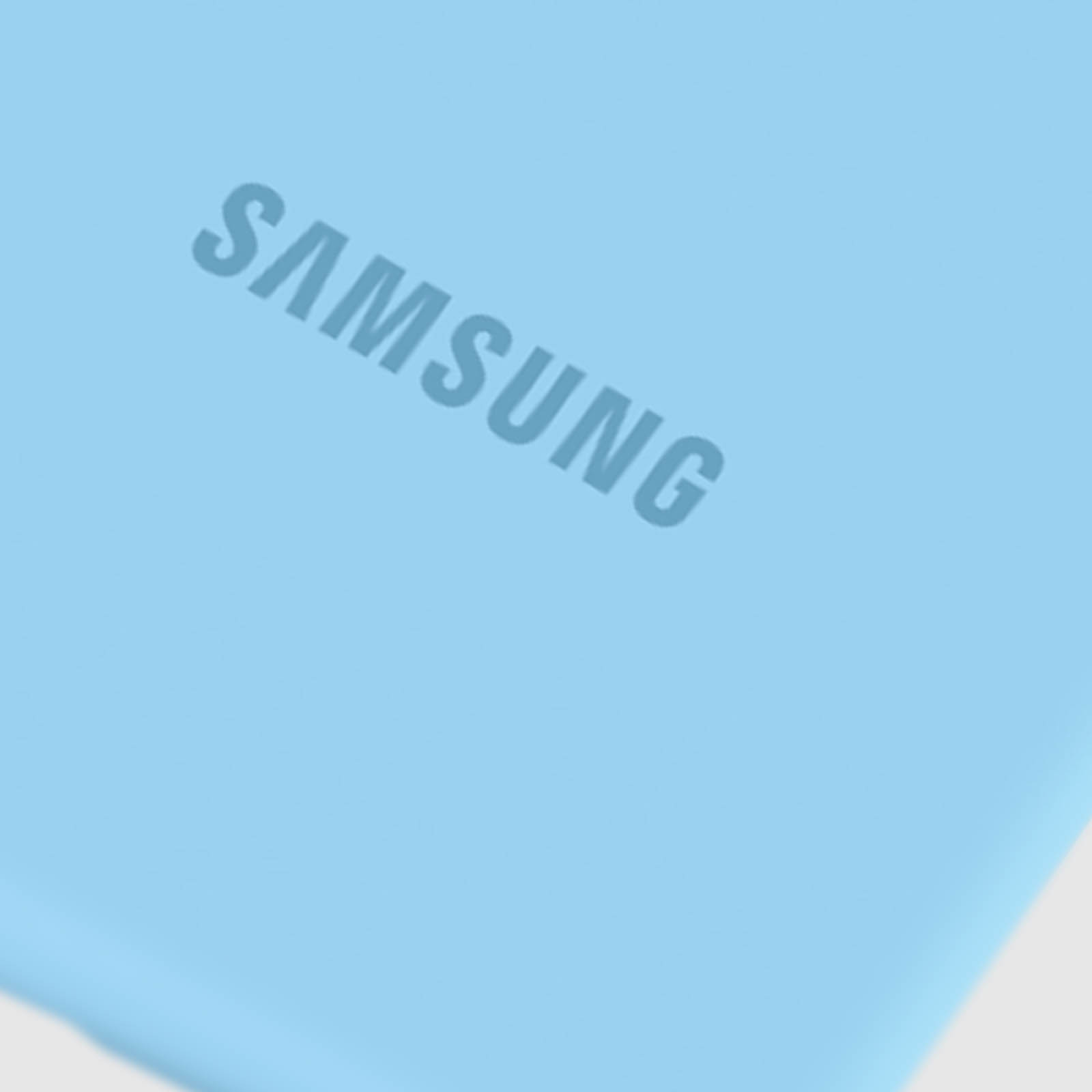 Superficie azzurra con la scritta SAMSUNG. La superficie sembra essere di un telefono.