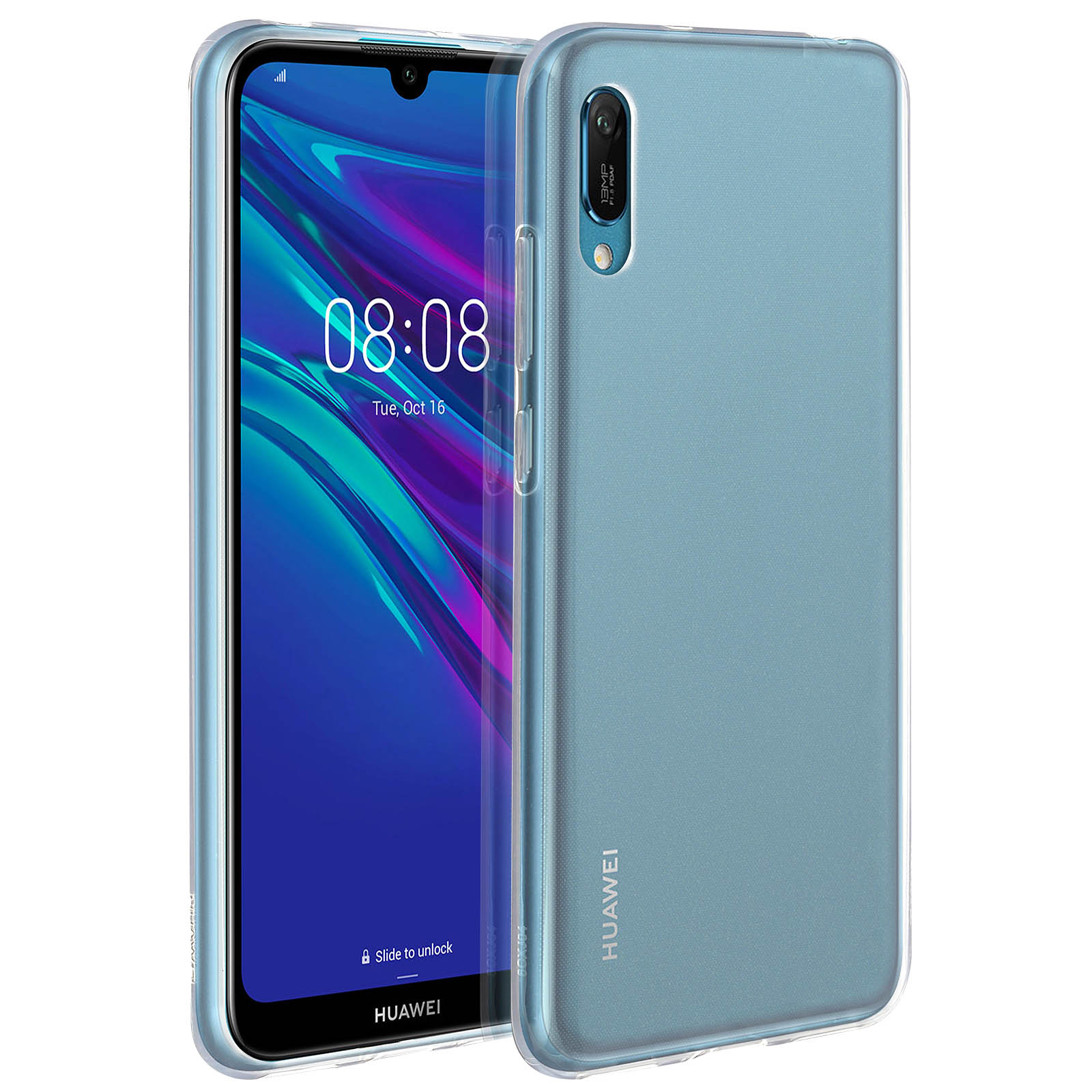 Niebieski telefon w przezroczystym etui, z ekranem pokazującym godzinę i datę. Obok drugie etui.