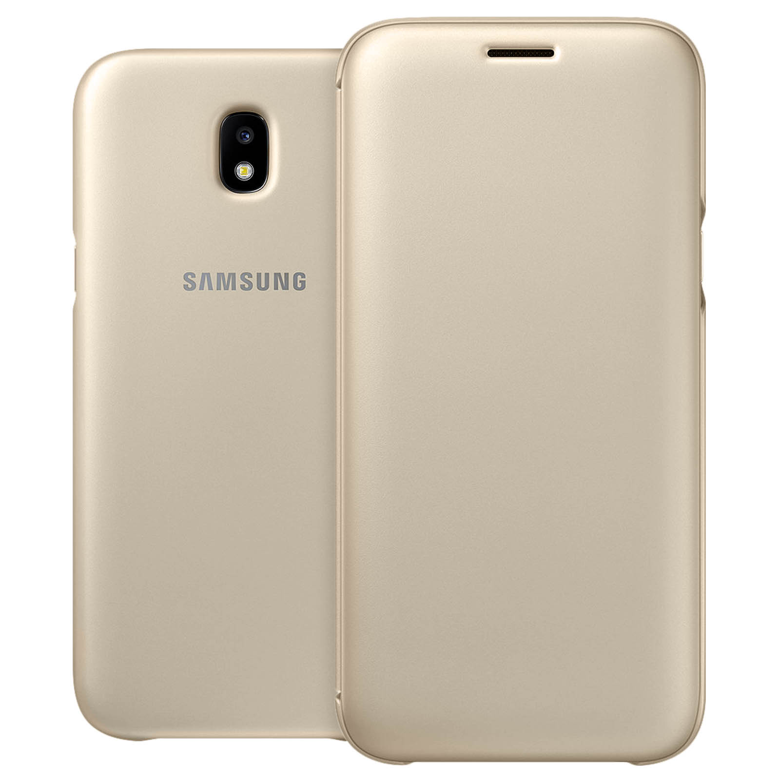 Dos fundas doradas para teléfono, una muestra la parte trasera con cámara, la otra la tapa.