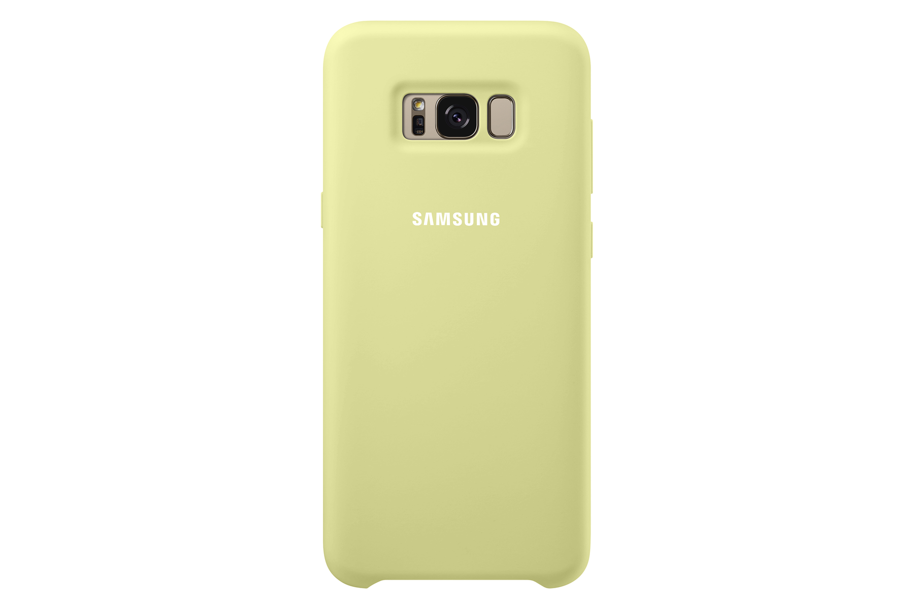 Custodia per telefono giallo pallido per un telefono Samsung. Il logo Samsung è visibile.