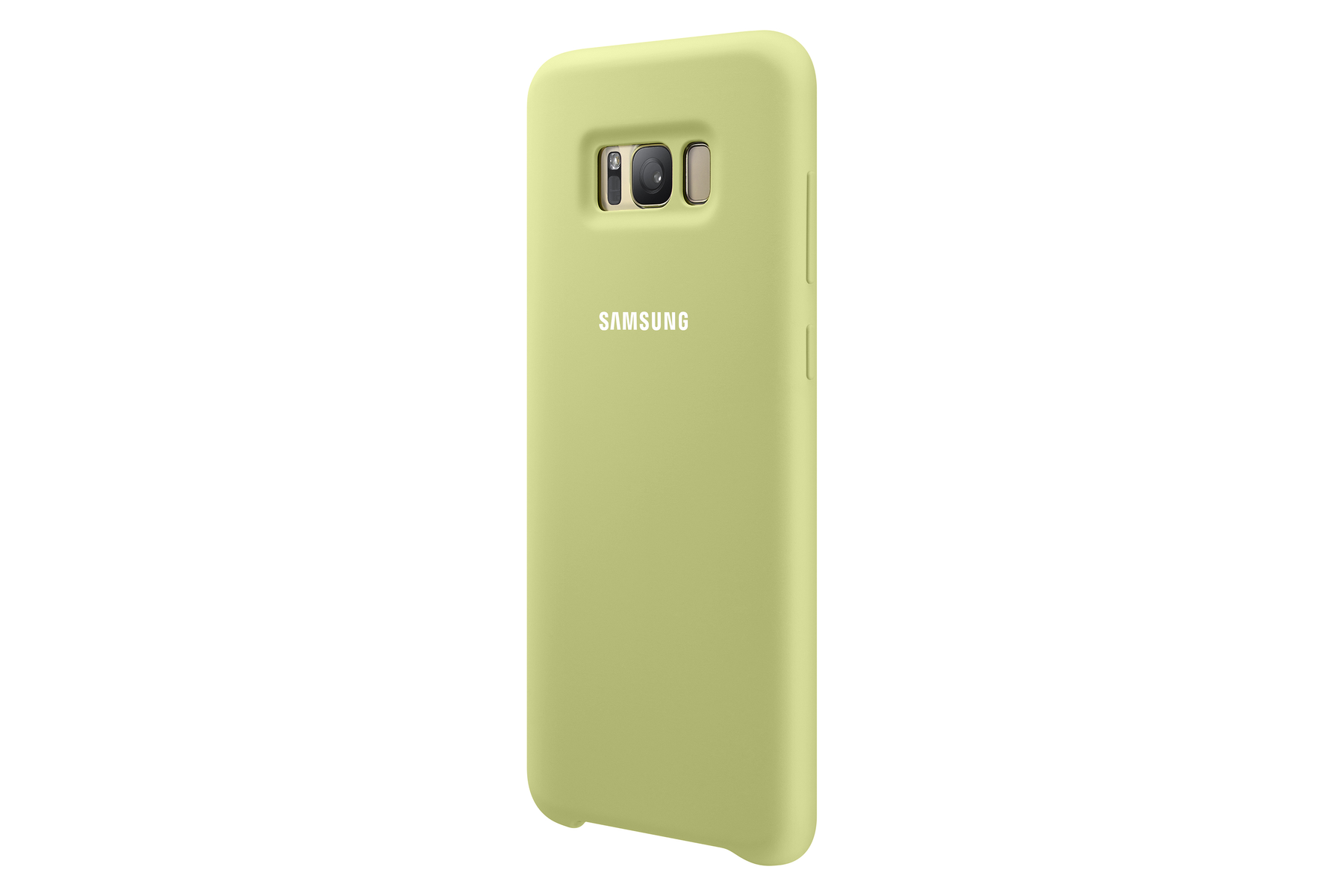Custodia per telefono Samsung verde chiaro. La custodia ha un ritaglio per la fotocamera e un logo Samsung.