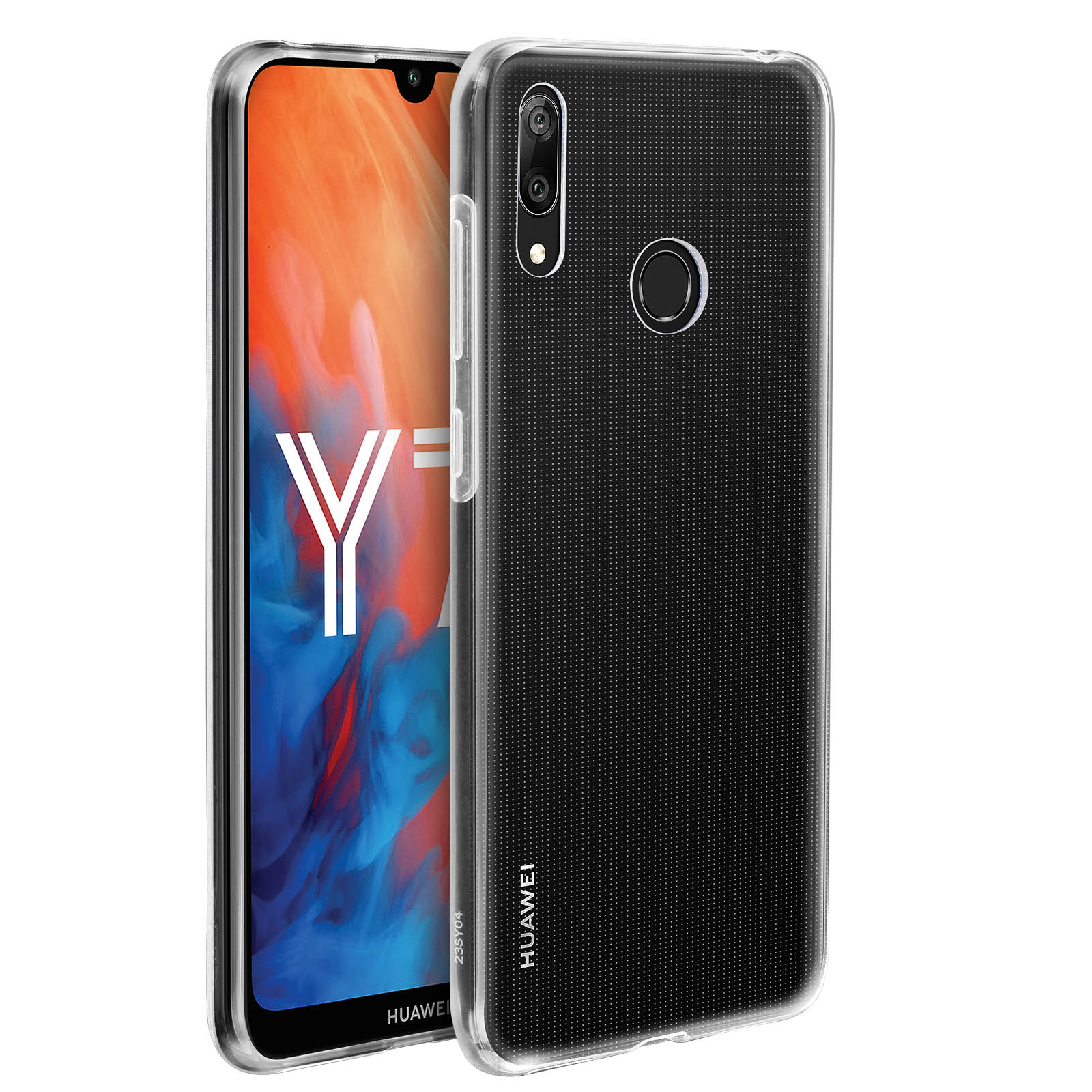 Telefon w przezroczystym etui. Telefon jest widoczny i ma logo Huawei.