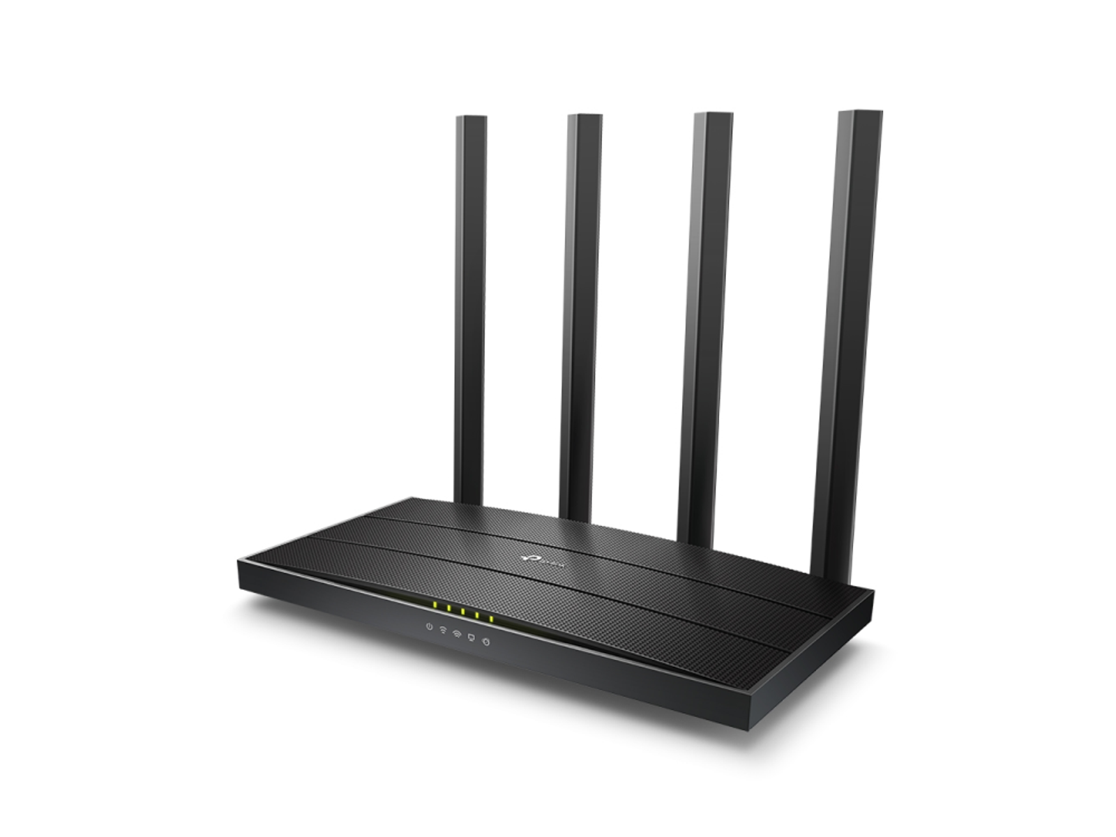 Czarny router z czterema antenami, na białym tle, z zielonymi światłami wskazującymi działanie.