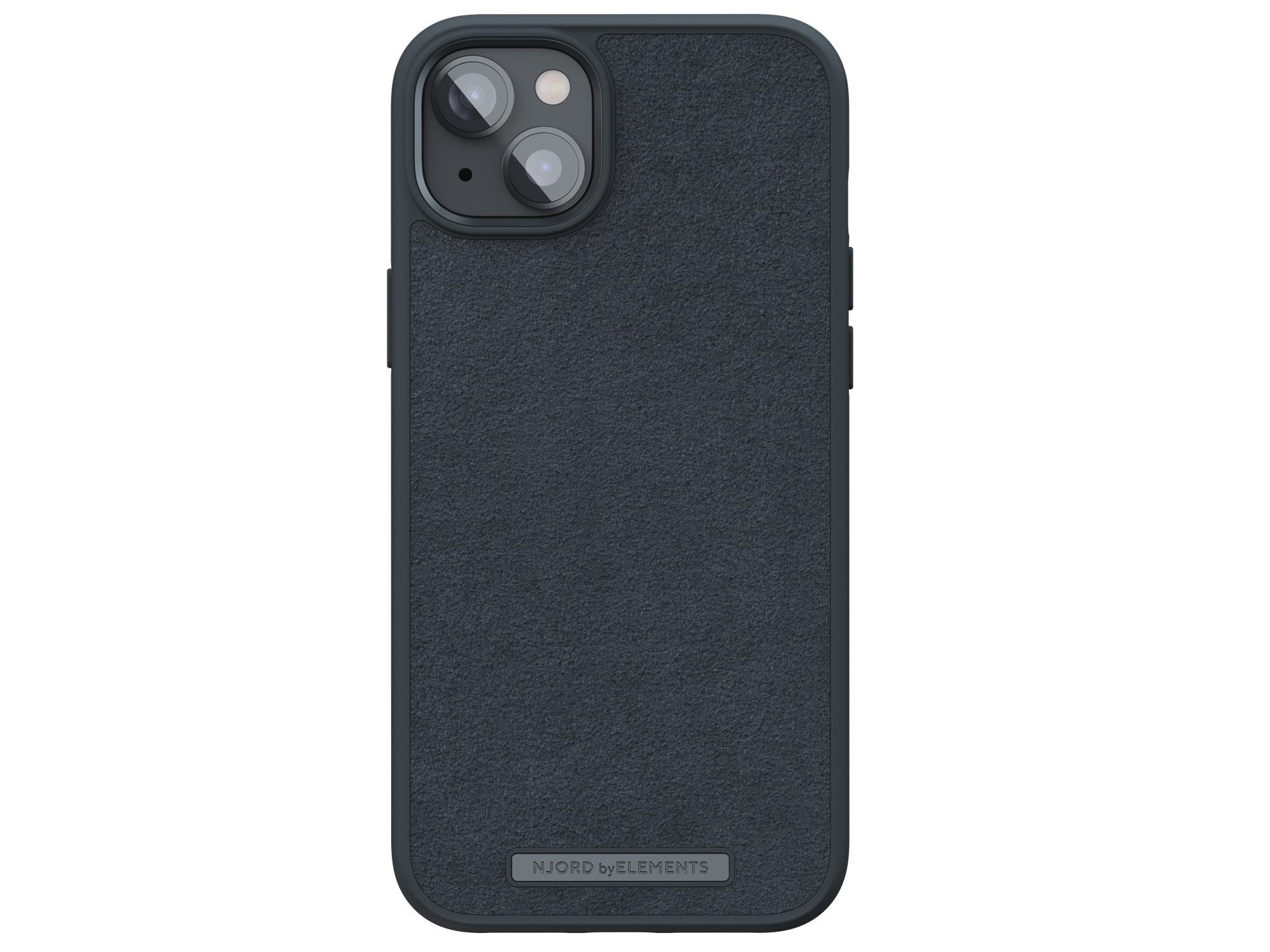 Custodia per telefono blu scuro con retro strutturato e protuberanza della fotocamera, sfondo nero.