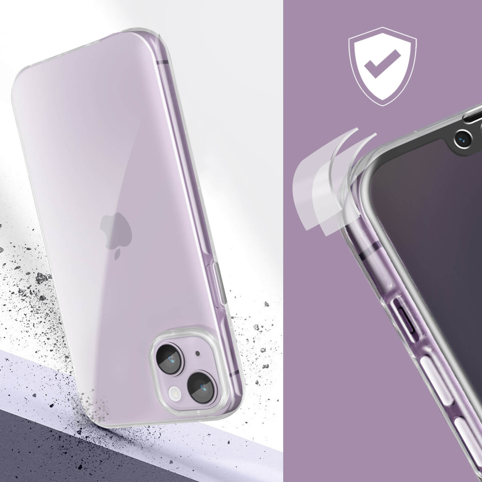 Una custodia trasparente per telefono con logo Apple. La custodia è su sfondo viola.