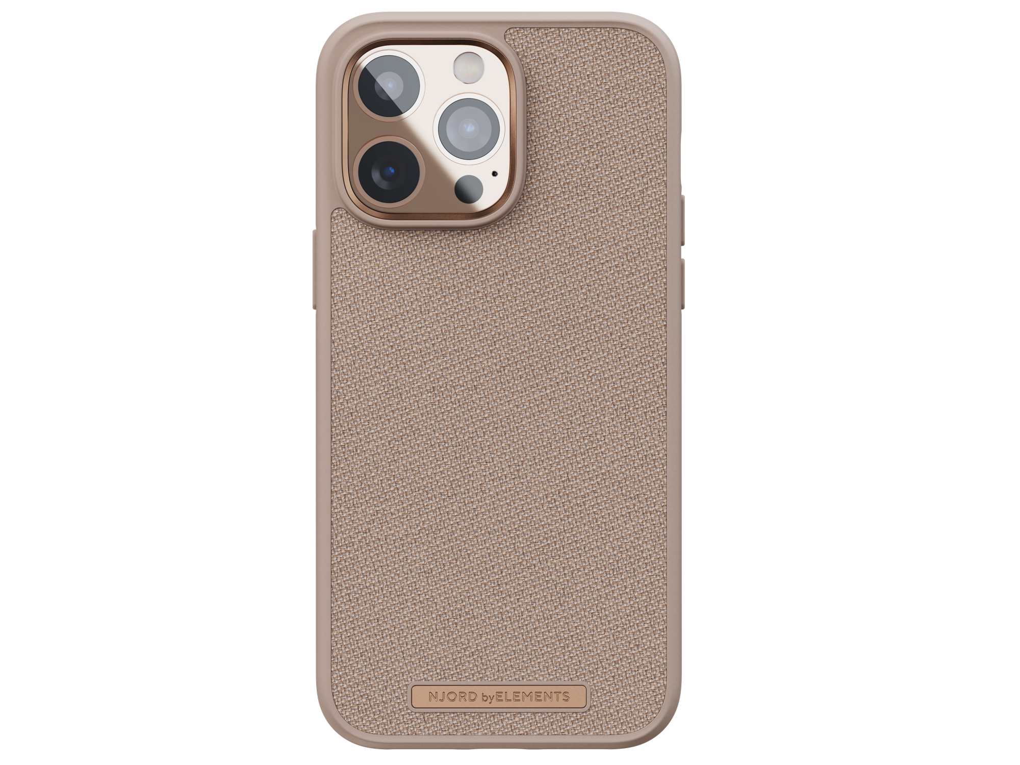 Custodia per telefono, tessuto beige con anello e pulsanti dorati. Sfondo nero.