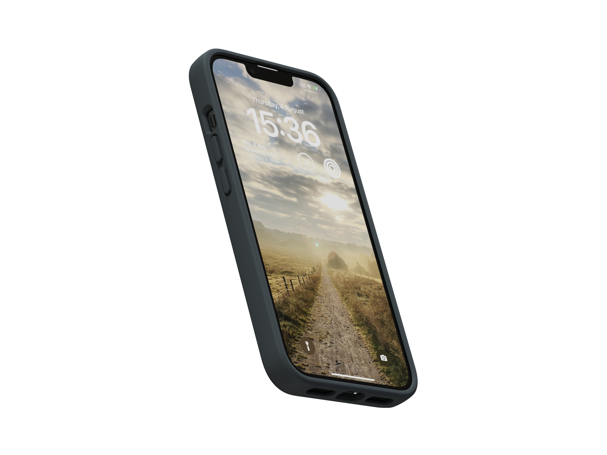 Ein Telefon mit dunkler Hülle ist abgewinkelt und zeigt eine Naturszene auf dem Bildschirm. Der Hintergrund ist schwarz.