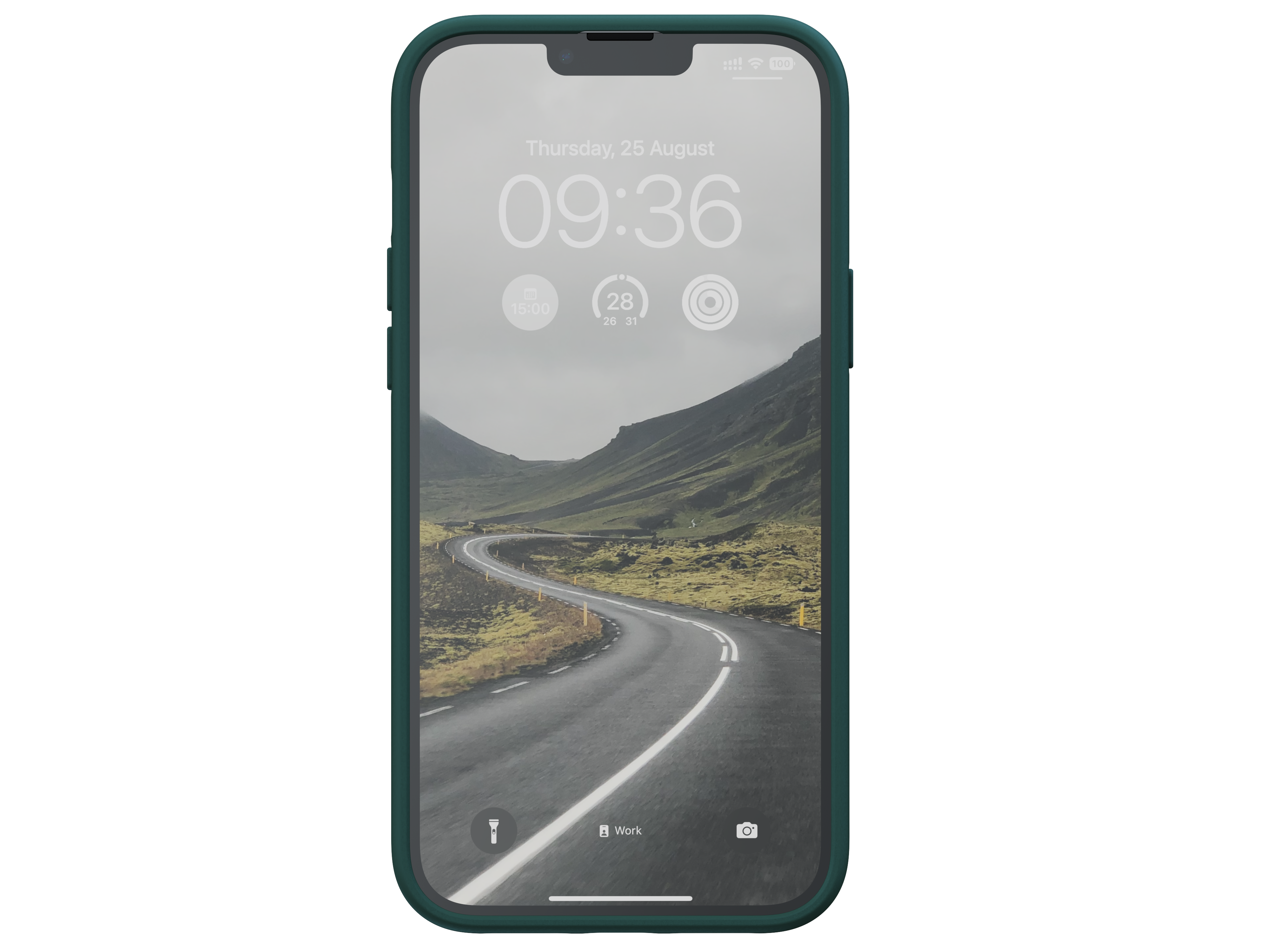 Mobiltelefon, grünes Gehäuse, zeigt Straße auf dem Bildschirm, Datum und Uhrzeit oben.