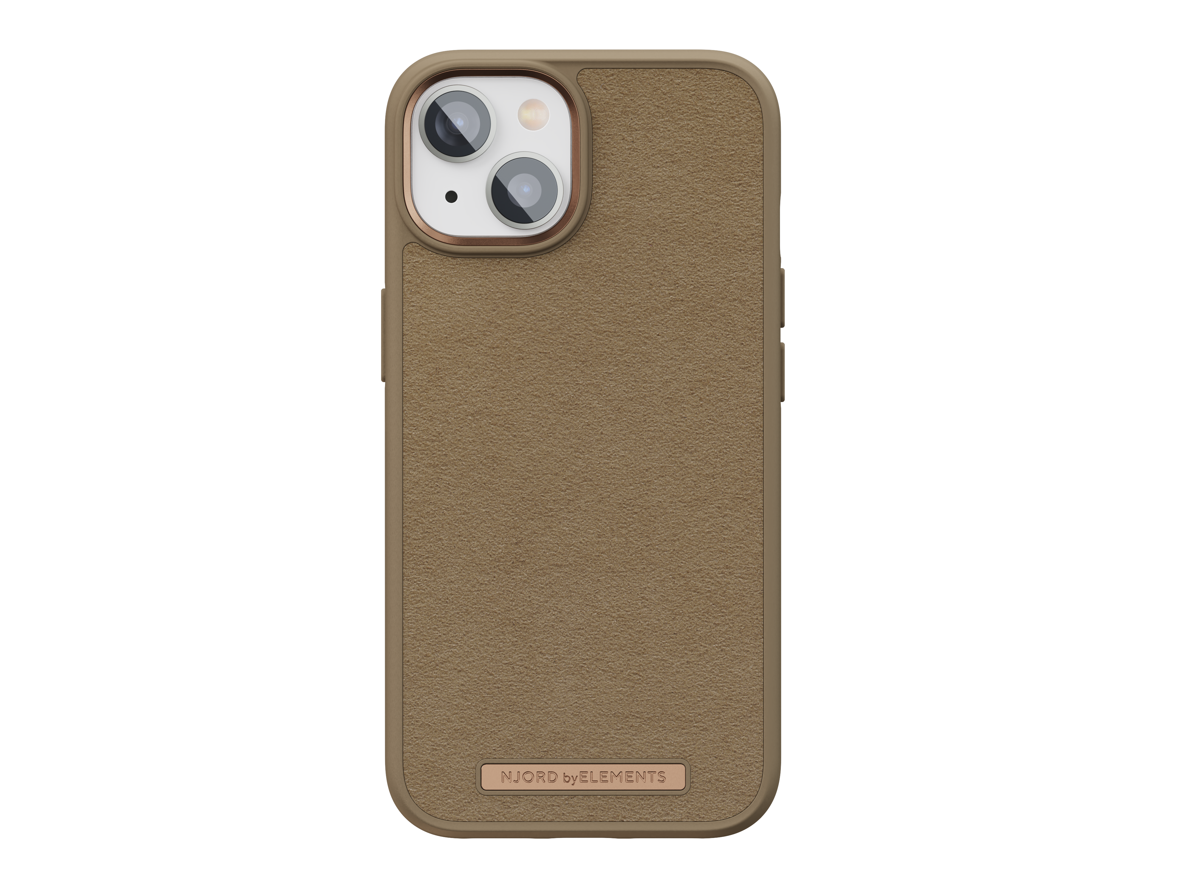Eine Handyhülle in hellbrauner Farbe mit Kamerabuckel. Die Handyhülle befindet sich auf dunklem Hintergrund.