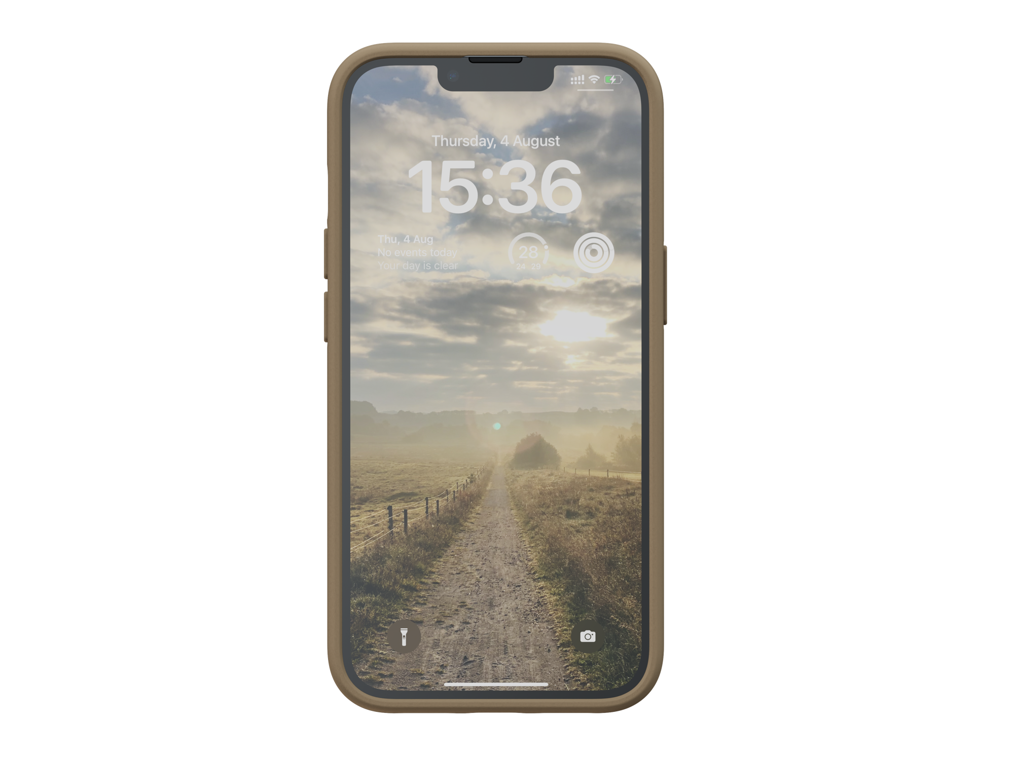 Smartphone-Bildschirm zeigt Landschaftsfoto, mit Uhrzeit, Datum und Symbolen. Es ist in einem Gehäuse.
