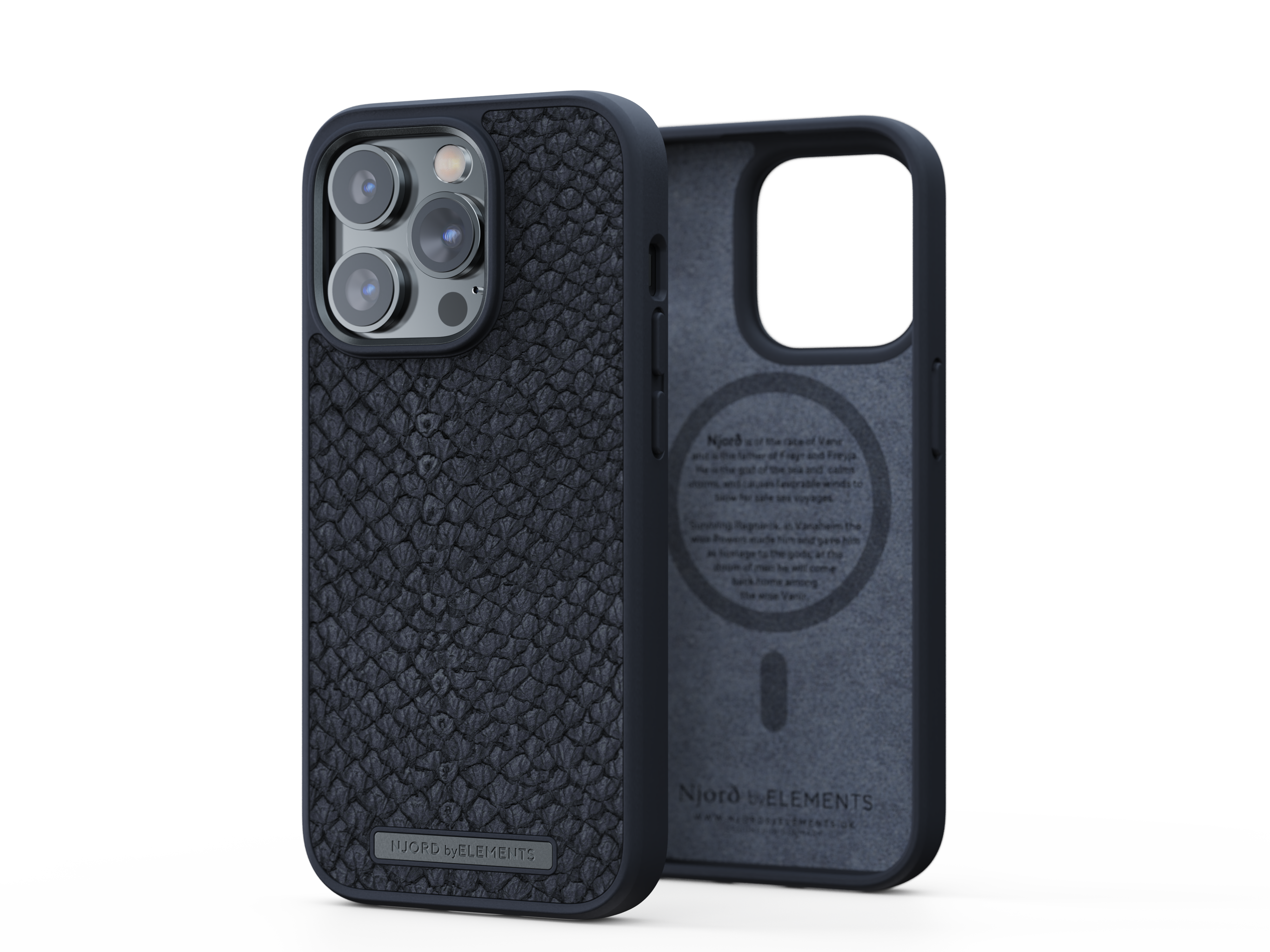 Una custodia per telefono con un design blu strutturato e un'area fotocamera nera. L'interno ha del testo.