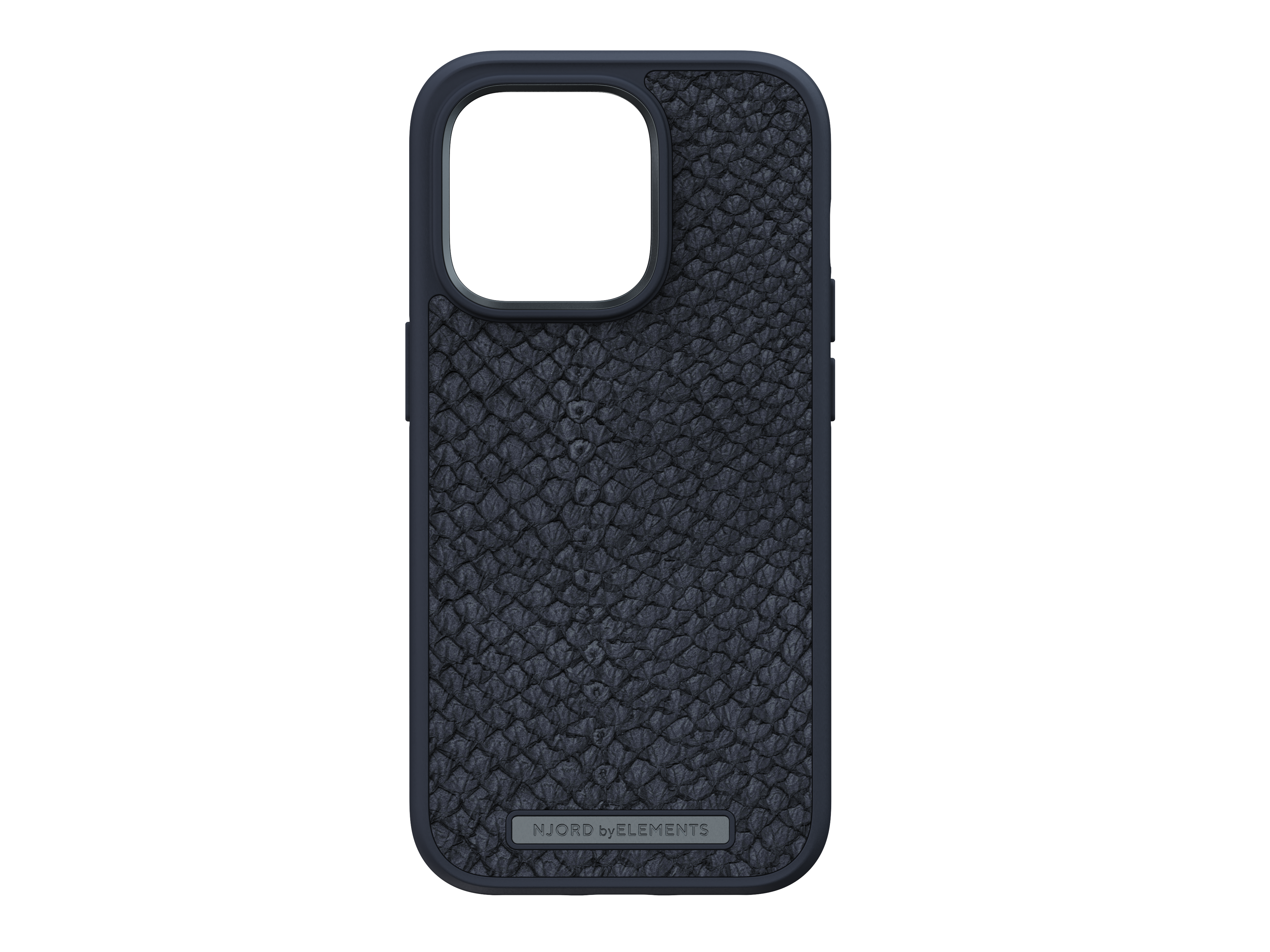 Custodia nera per telefono con design strutturato e bordo blu scuro.