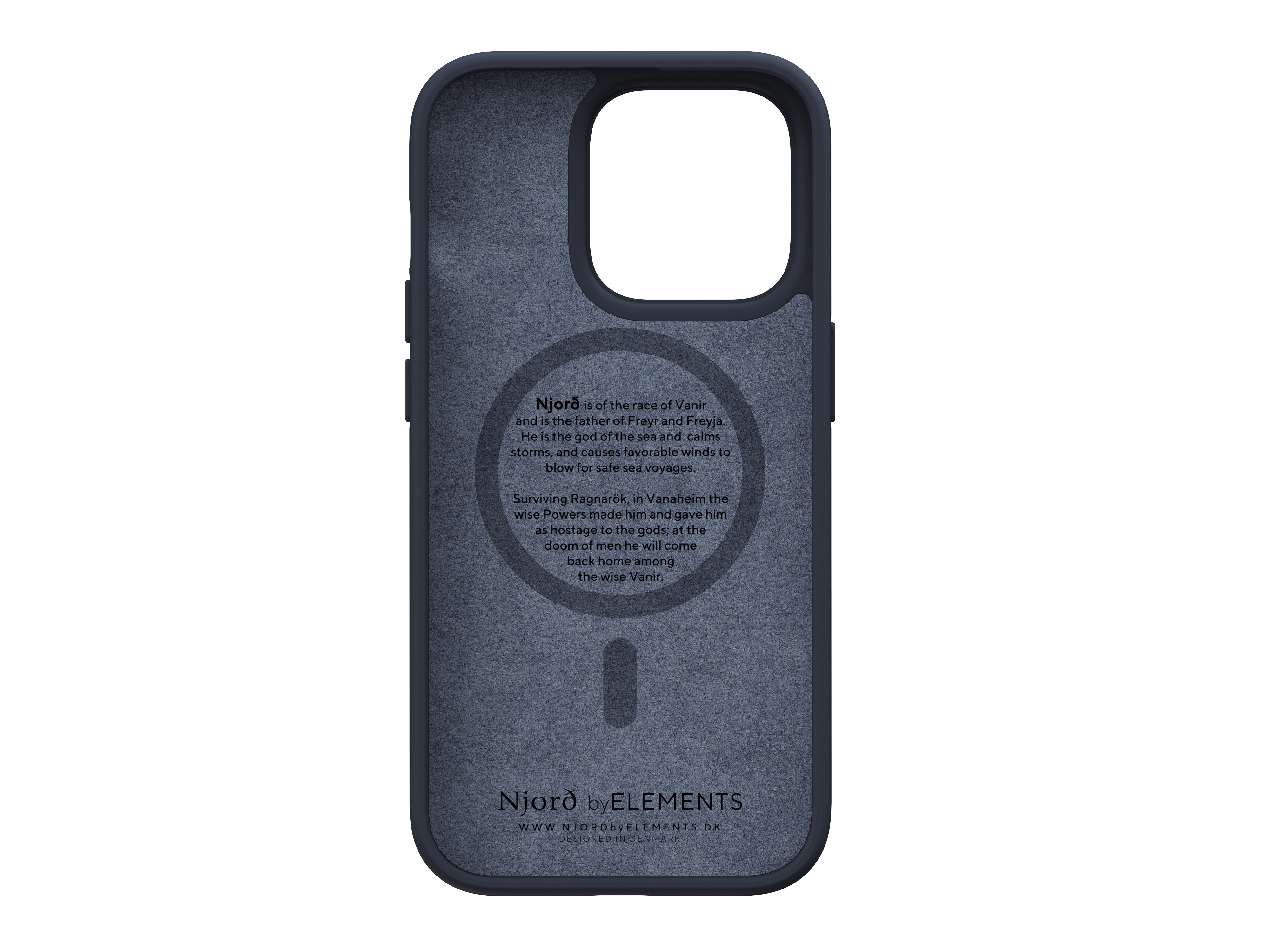 Una custodia per telefono con testo su Njörðr, un dio norreno. Ha un anello magnetico.