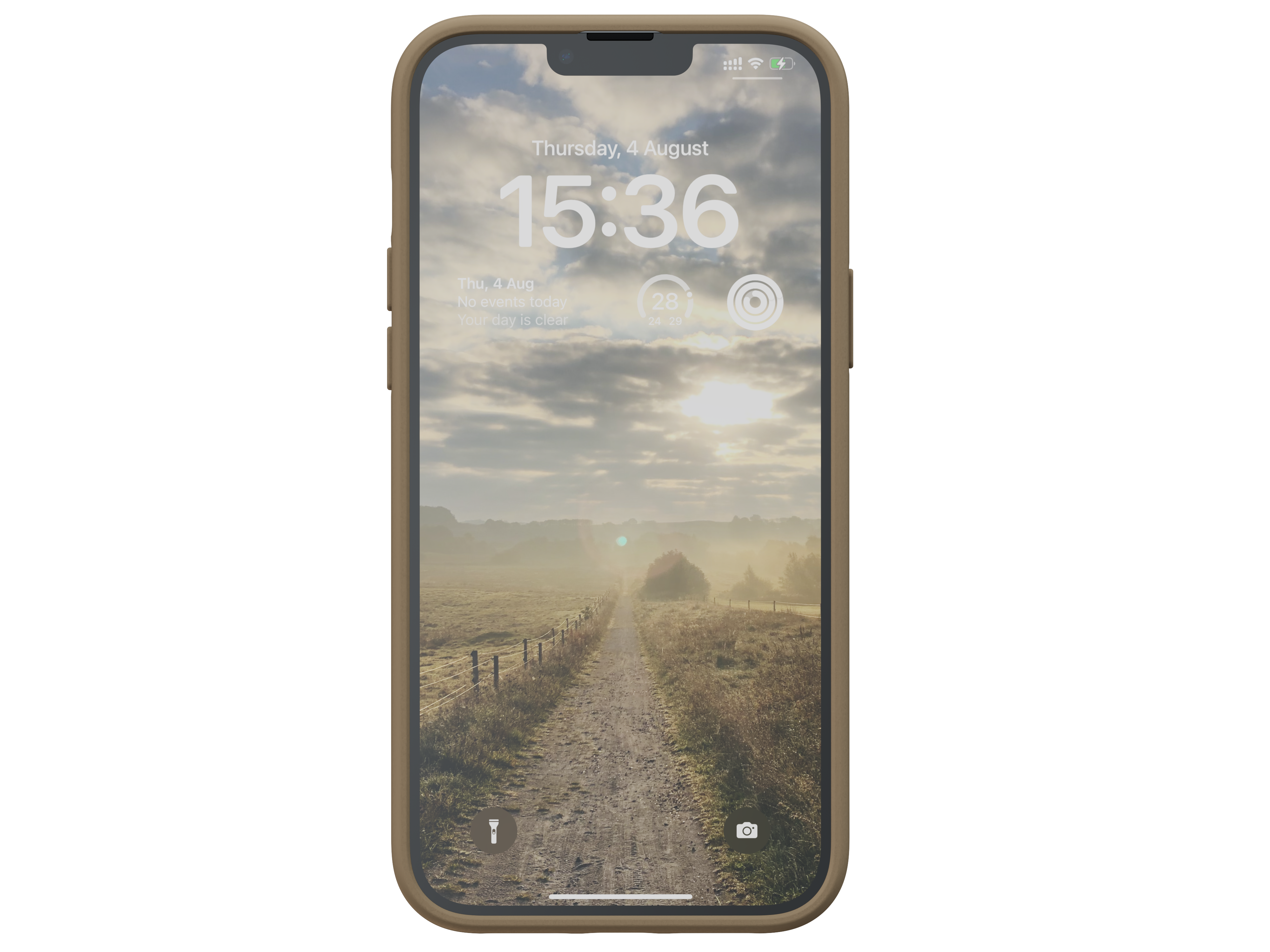 Nahaufnahme eines Telefonbildschirms, der eine wolkige Himmelsansicht und eine Digitaluhr zeigt.
