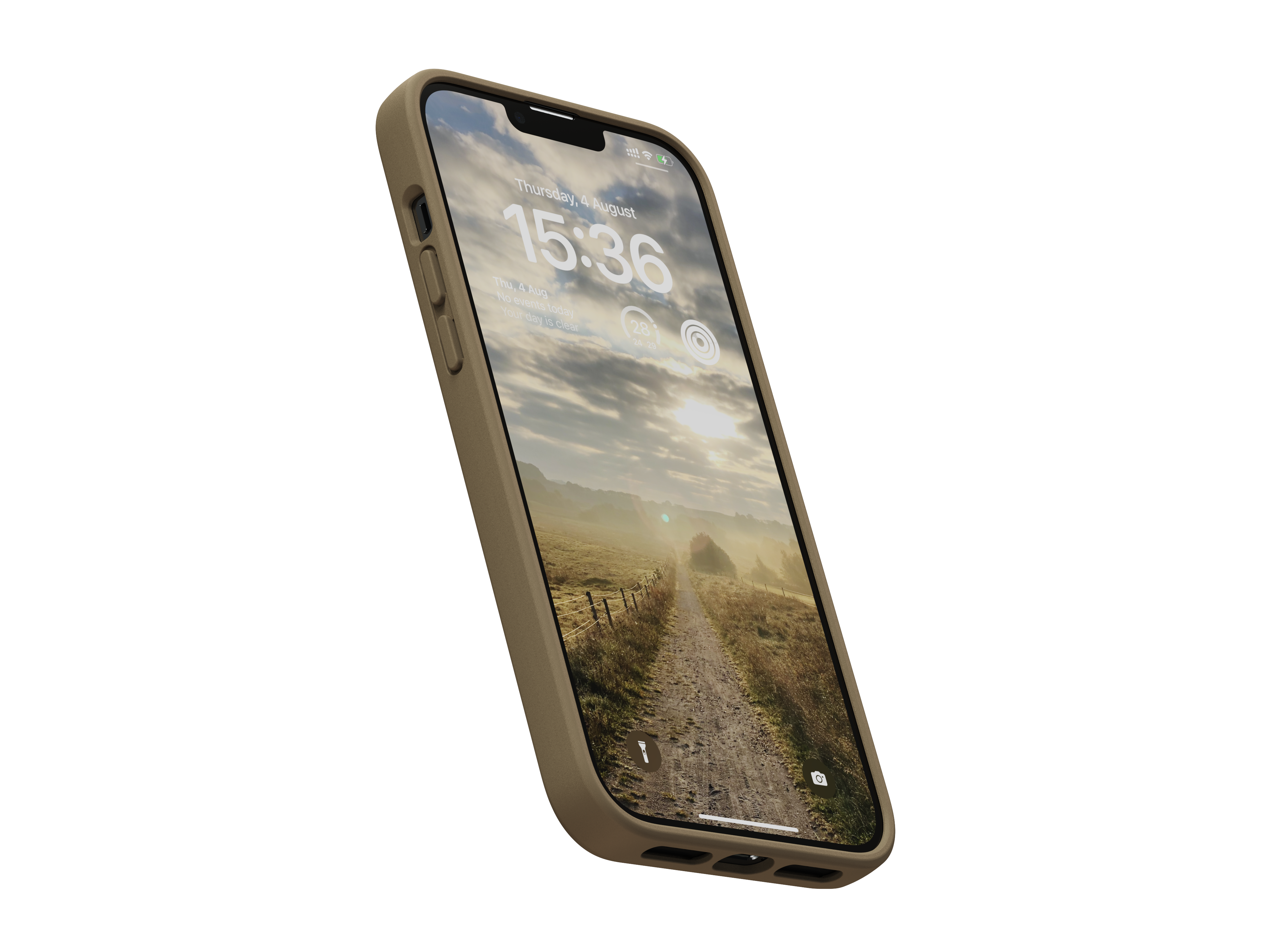 Ein iPhone liegt auf einer schwarzen Oberfläche mit einer Handyhülle. Der Hintergrund ist eine bewölkte, ländliche Landschaft.
