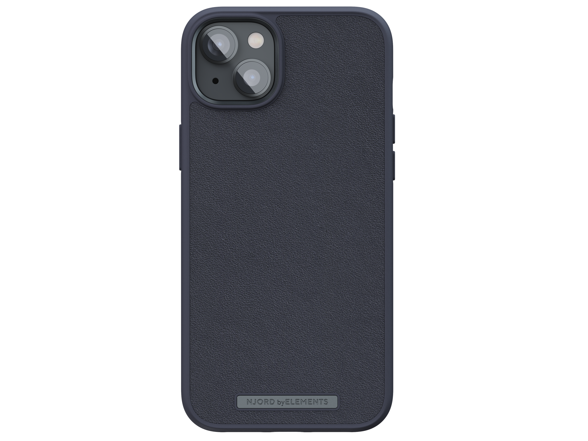 Custodia per iPhone blu scuro, vista posteriore, con tre obiettivi della fotocamera. Logo Njord by Elements.