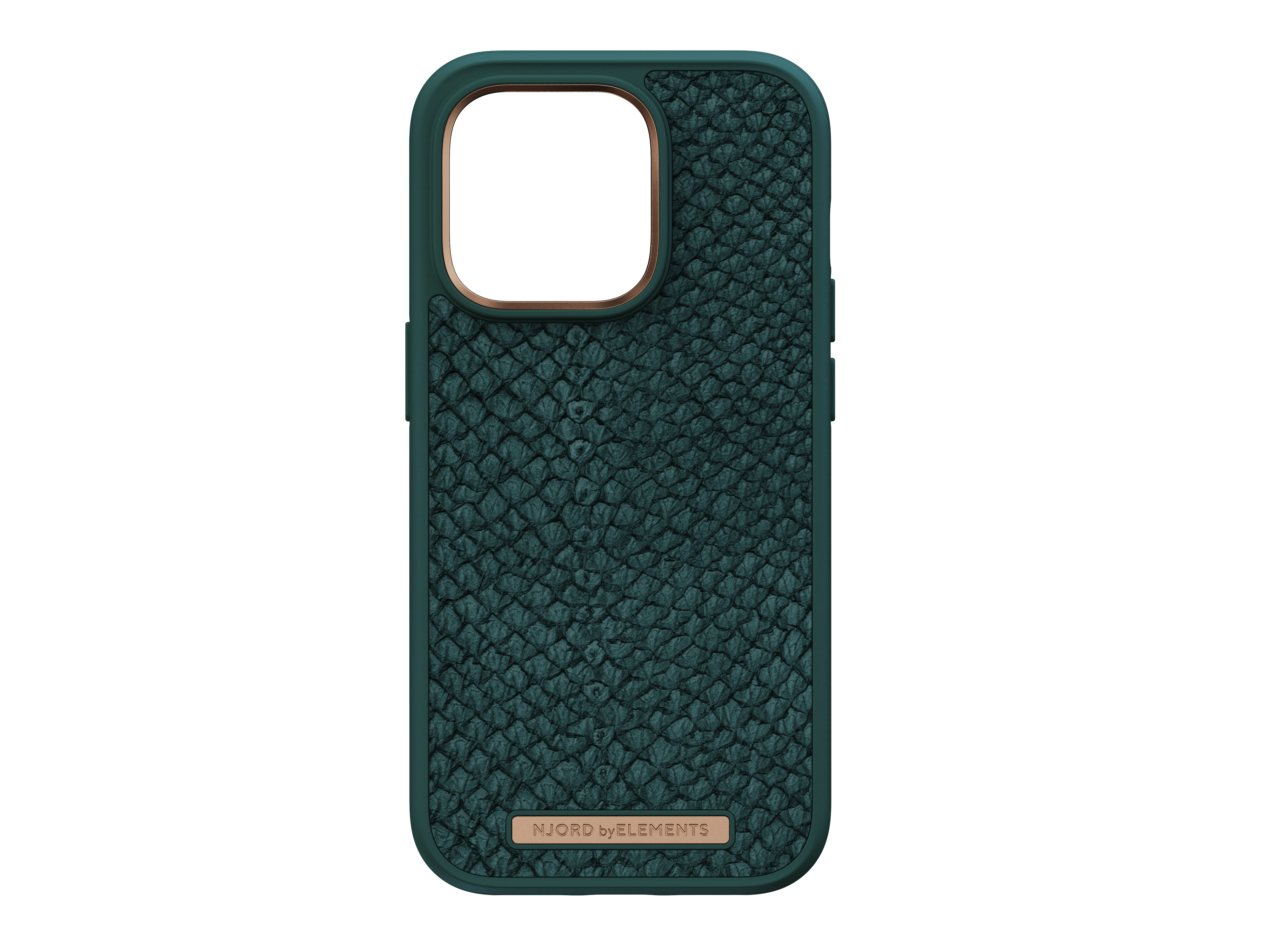 Custodia verde per telefono con design testurizzato, con bordo dorato attorno alla fotocamera e logo.