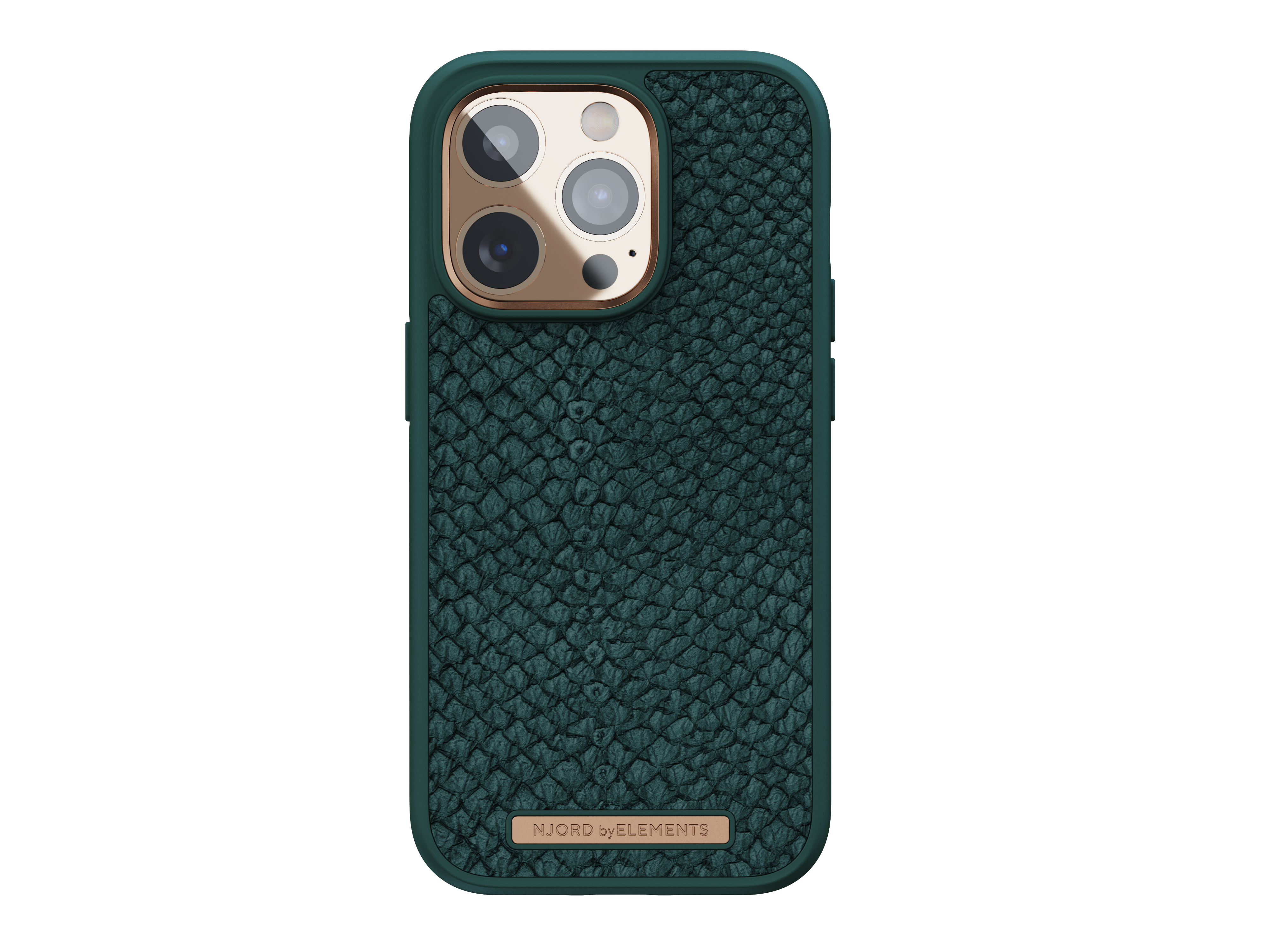 Custodia verde per telefono con texture simile alla pelle, anello fotocamera dorato e logo Njord.