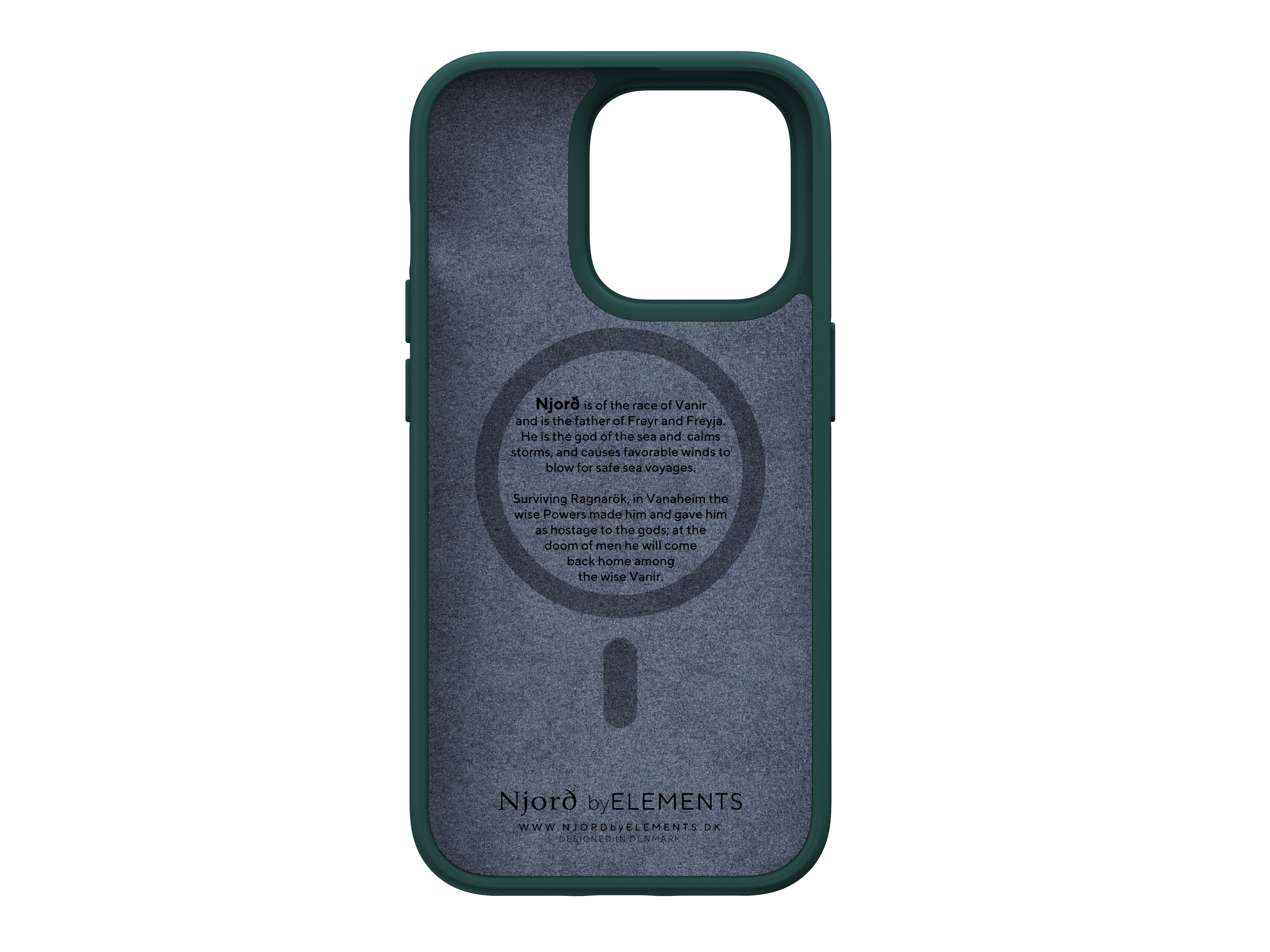 Custodia per telefono blu scuro con bordo verde. Testo descrive Njörðr, dio del mare, del vento e della fertilità.