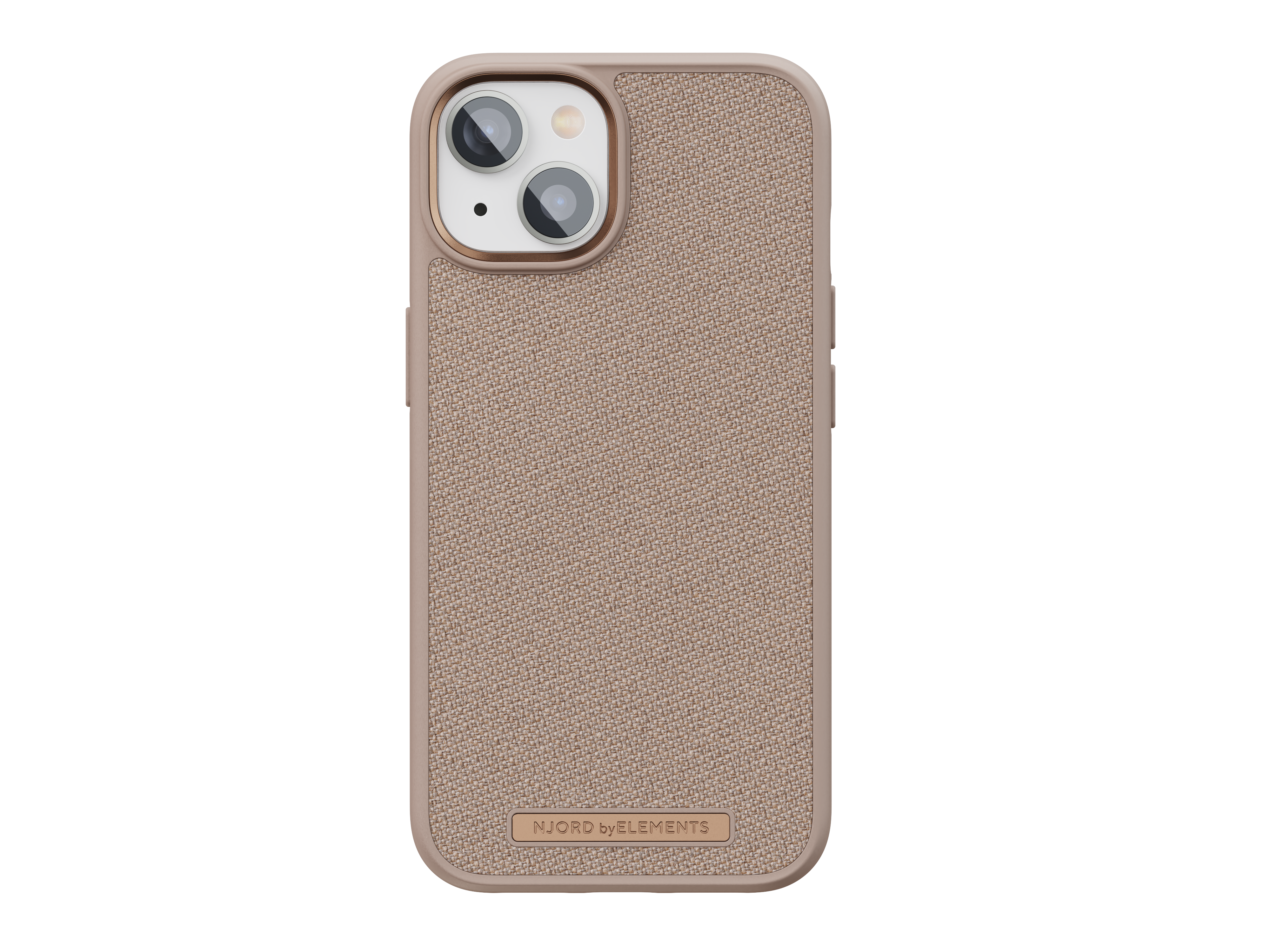 Beige Handyhülle mit Kameraausschnitten. 'Njörd by Elements' Logo.