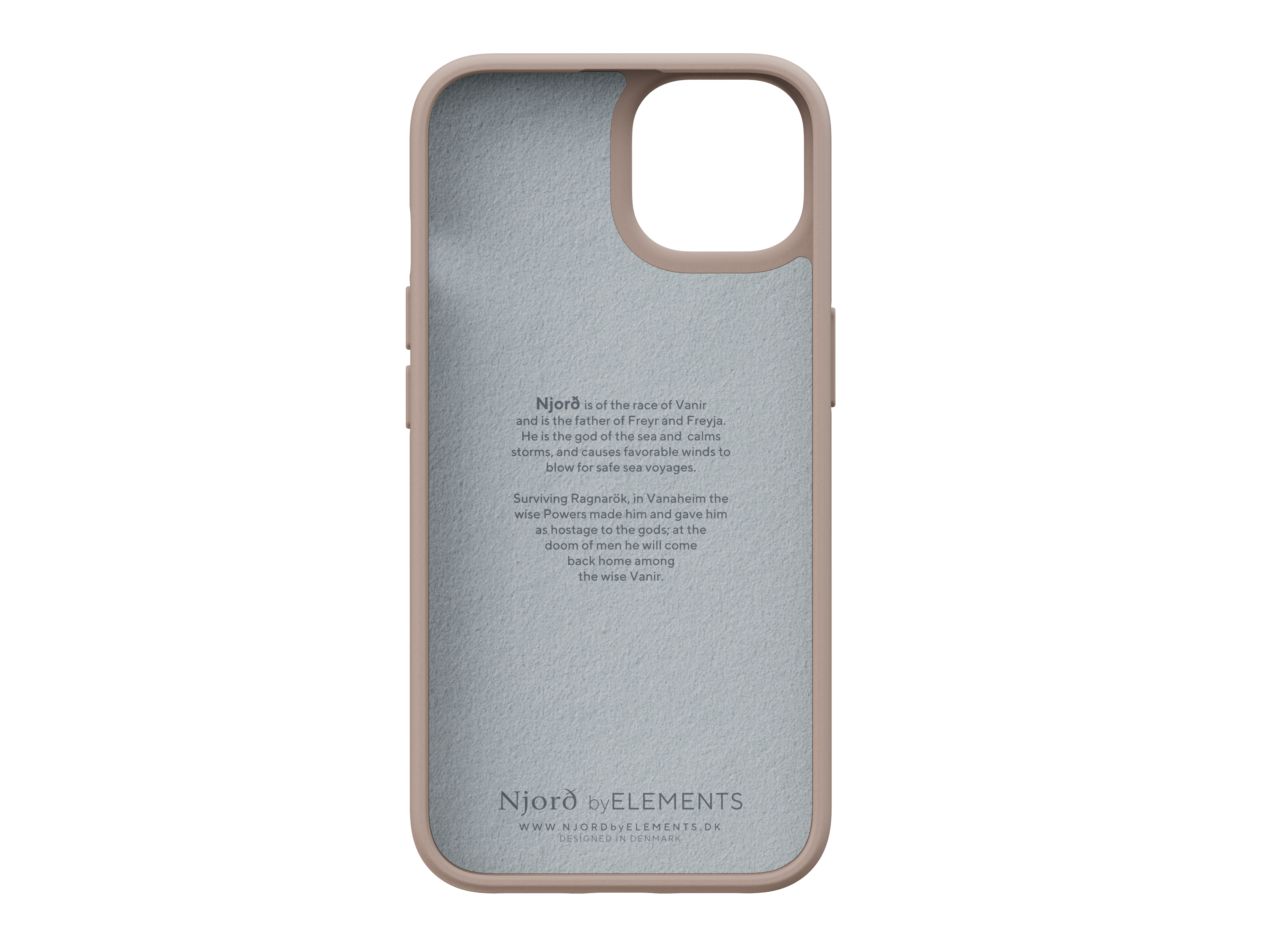 Telefongehäuse-Innenseite mit Text und Logo, mit rosa Hintergrund.