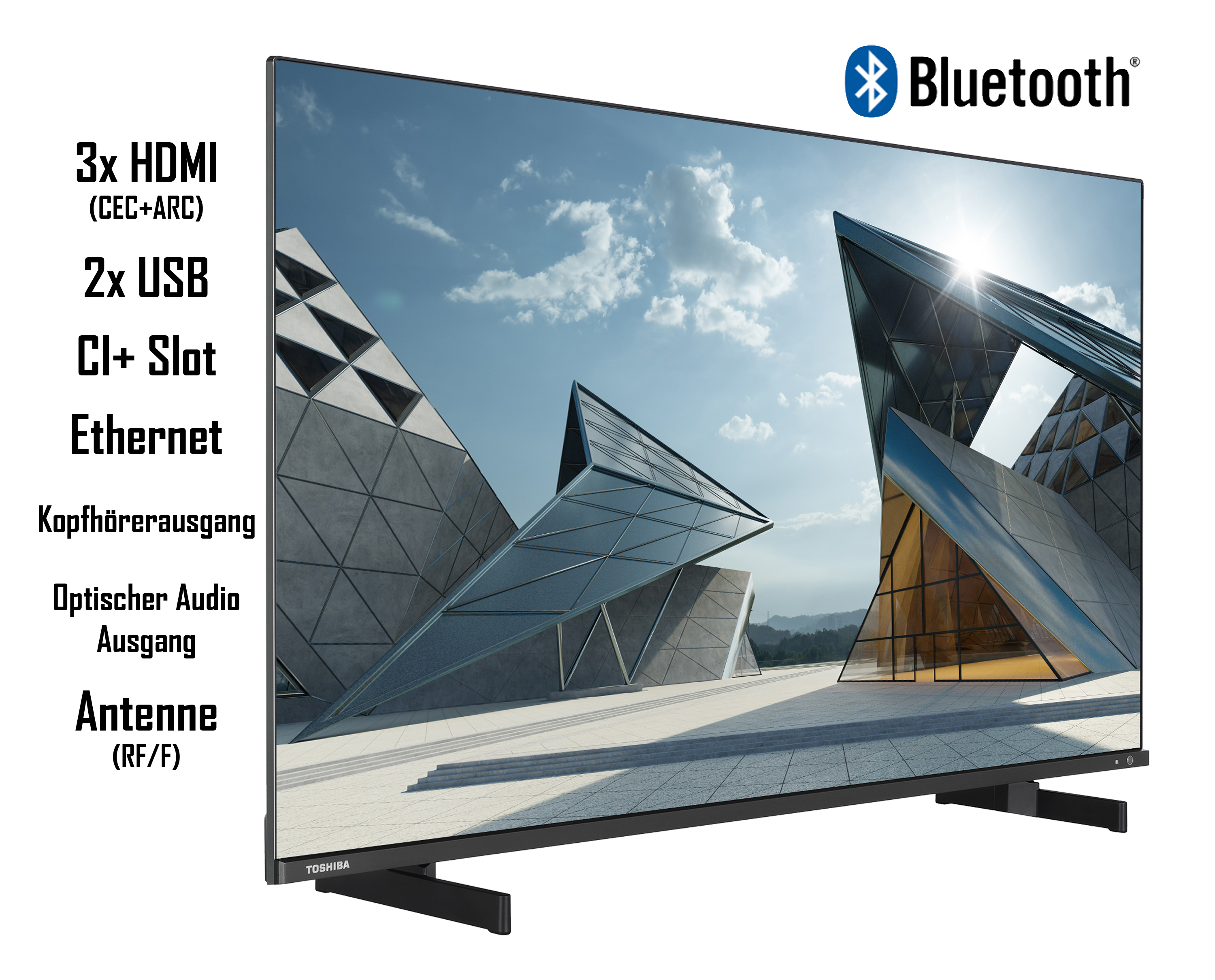 Schwarzer Fernseher mit Anschlussbeschreibung, Bluetooth-Logo und Ständer.