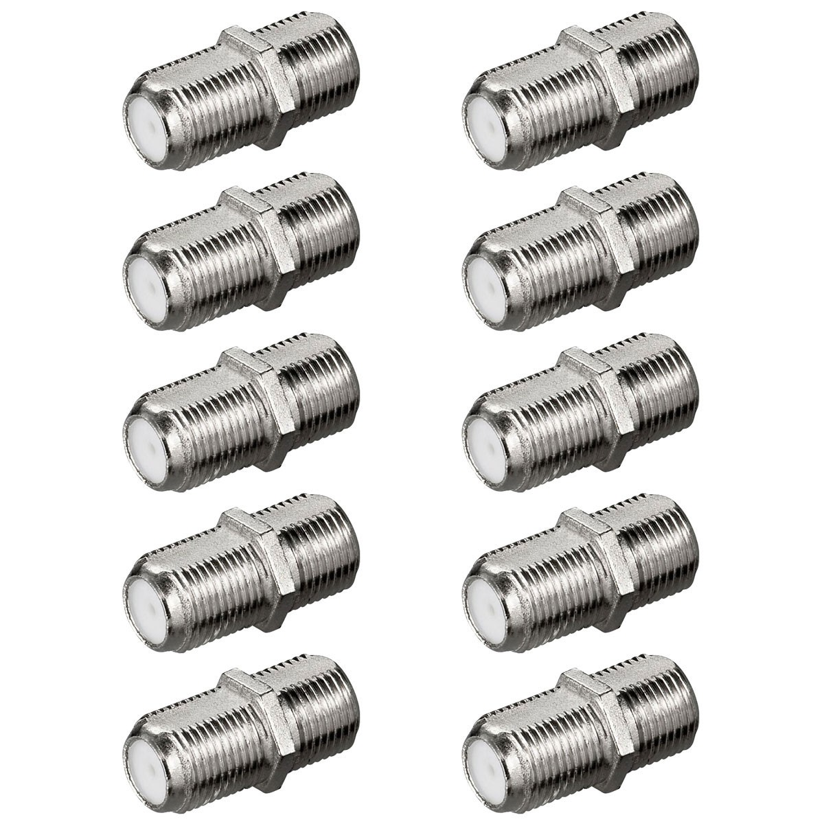 Silberne Koaxialkabelstecker, Schraubtyp. Zehn Anschlüsse werden gezeigt. Weißer Hintergrund.