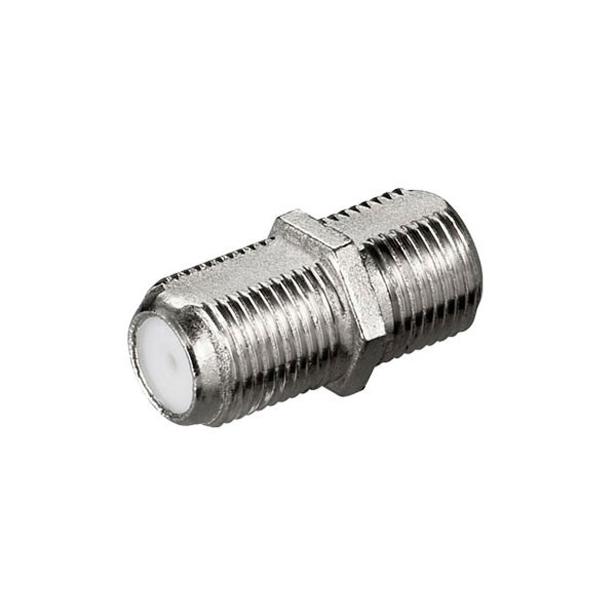 Ein metallischer silberner Stecker, ein Koaxialkabeladapter, auf Weiß.