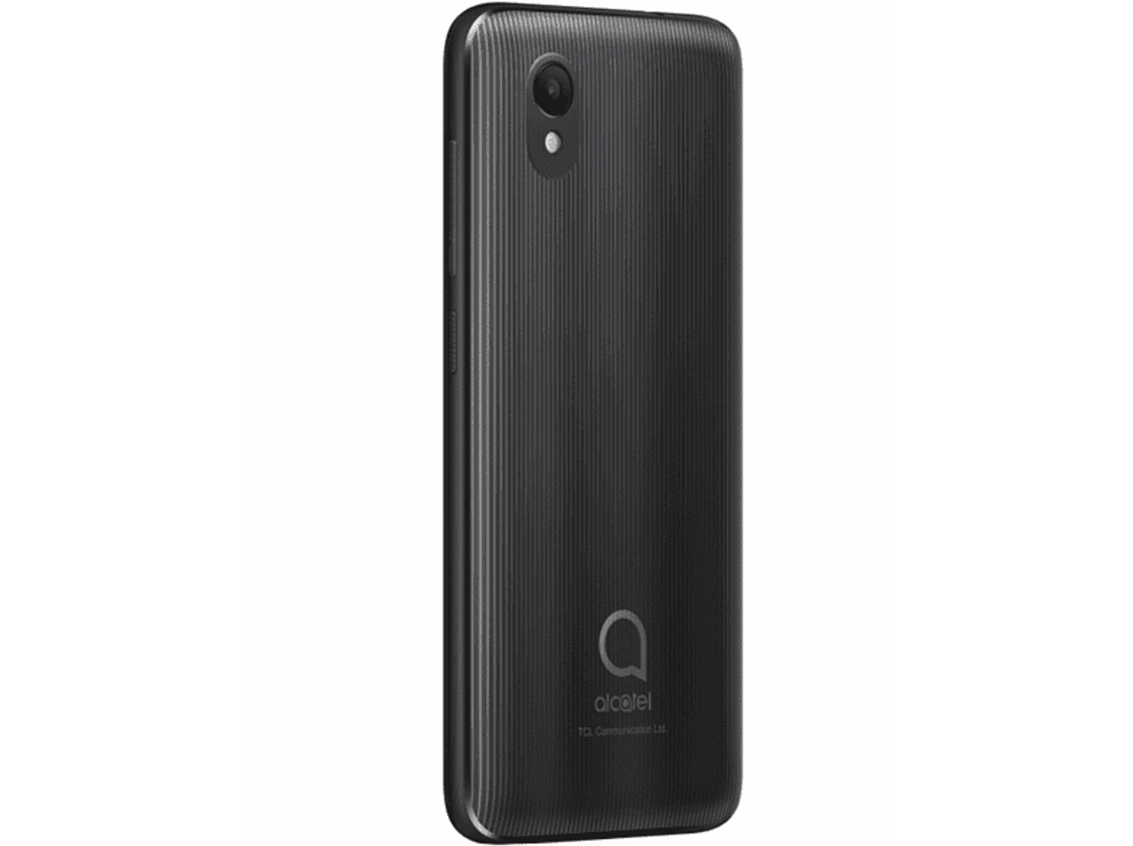 Vista posteriore di un telefono nero. Linee verticali e una singola fotocamera. Logo Alcatel.