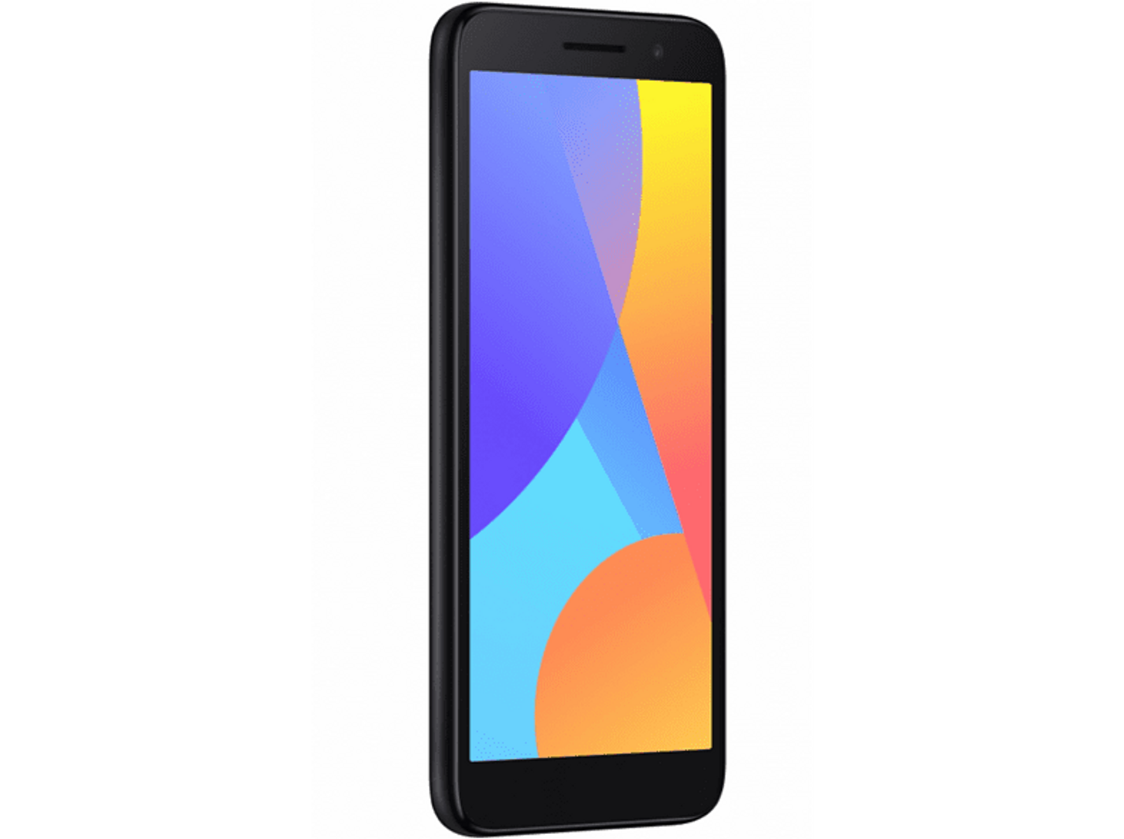 Uno smartphone nero mostra un display colorato con forme astratte contro un bordo nero.