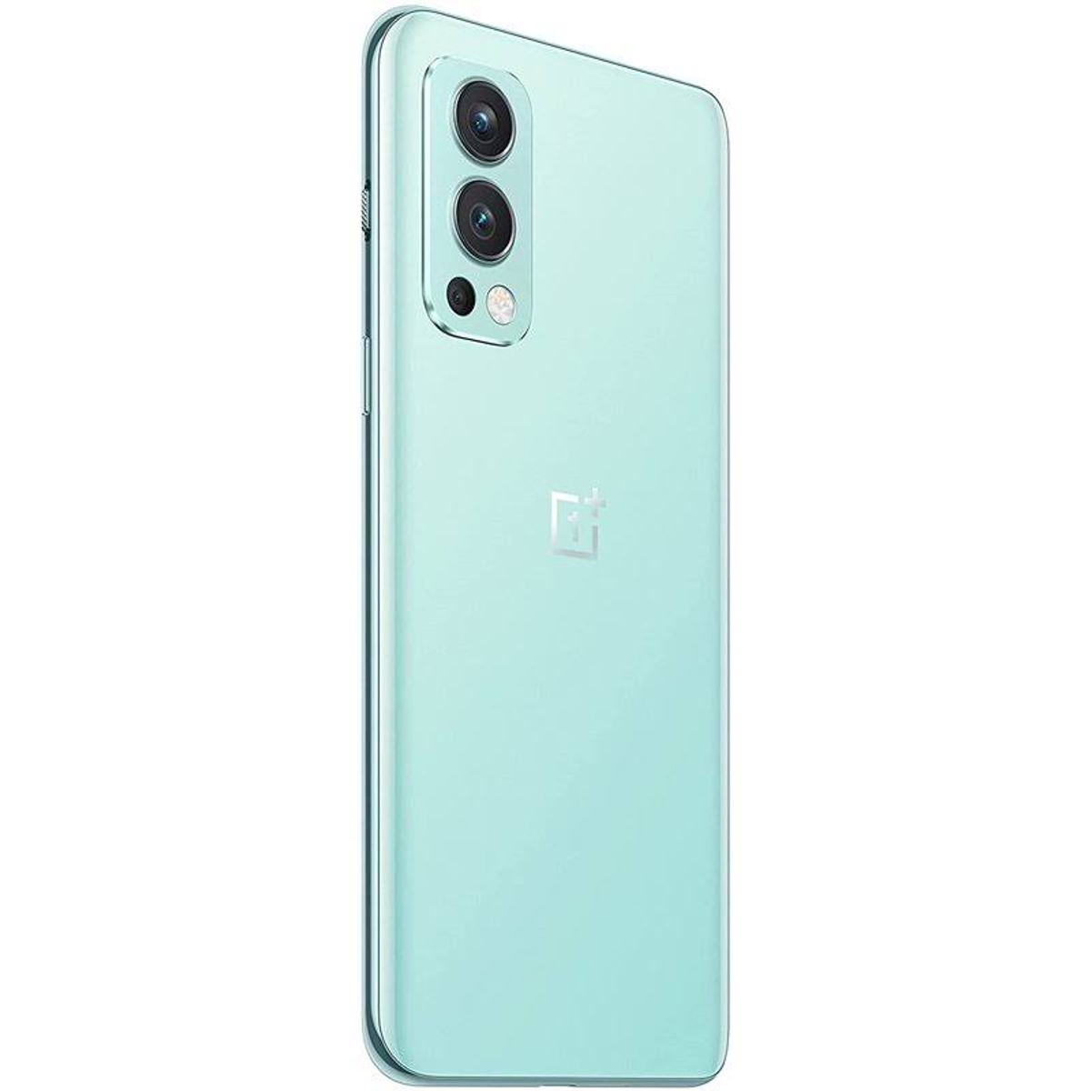 Miętowy zielony telefon, widok z tyłu. Potrójna konfiguracja aparatu, lampa błyskowa. Logo OnePlus. Jasnoniebieskie tło.