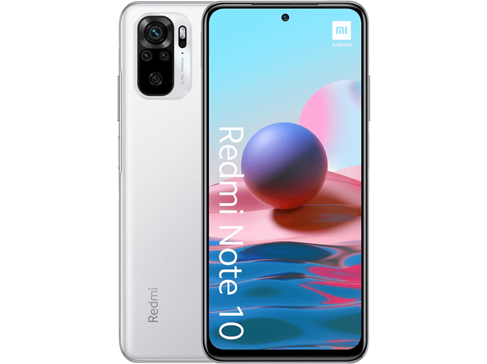 White Xiaomi Redmi Note 10 phone, front and back view. Display shows a purple orb.