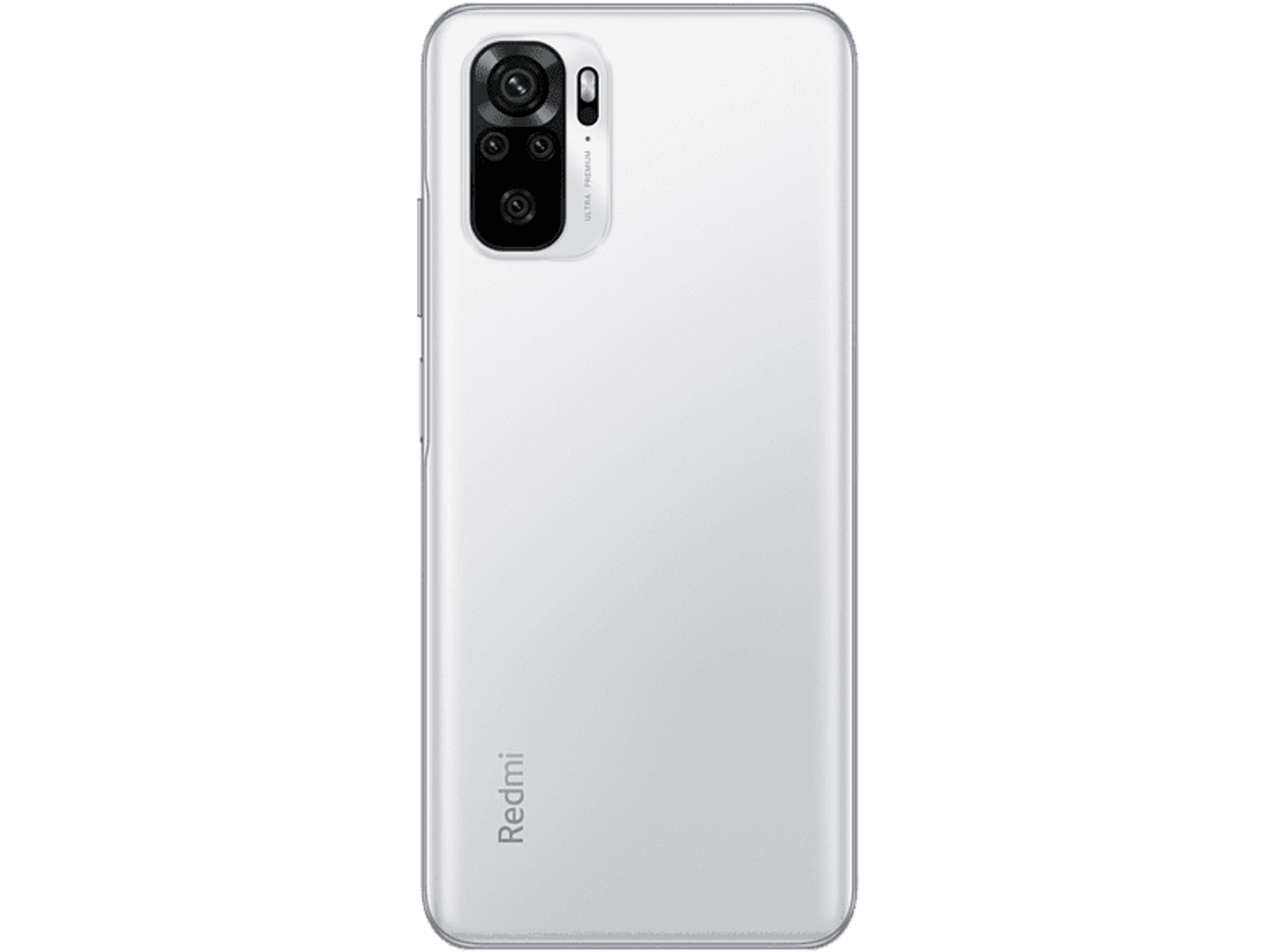White smartphone back with camera module and Redmi logo.