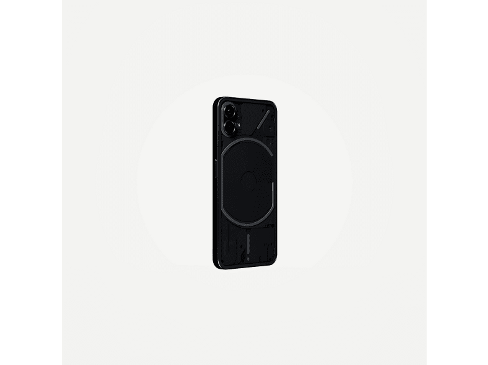 Teléfono negro con una matriz de cámaras circular. El teléfono tiene un diseño minimalista.