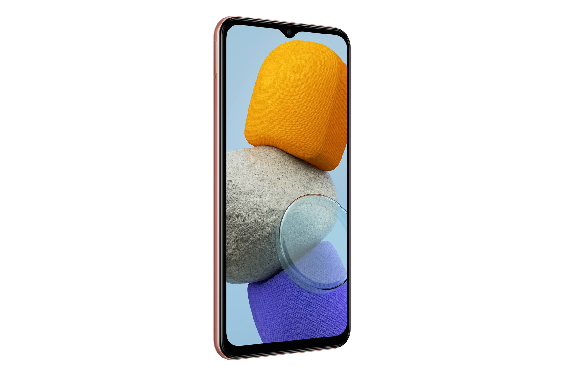 Uno smartphone rosa che mostra forme astratte, su sfondo bianco.