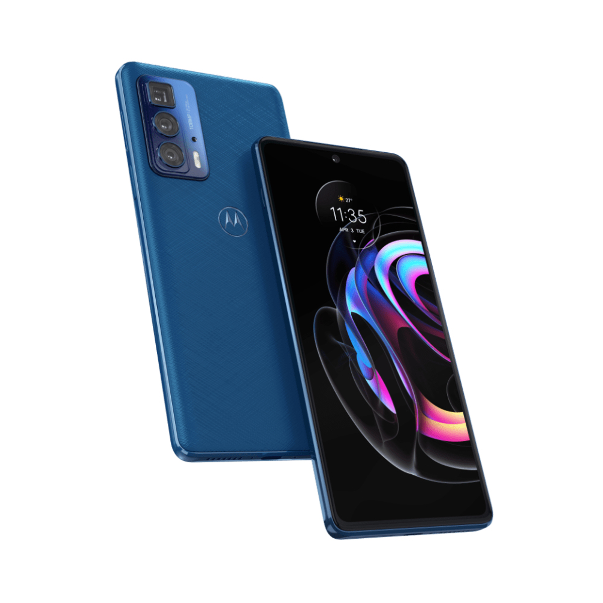 Zwei blaue Smartphones, eines zeigt die Rückseite, das andere den Bildschirm.
