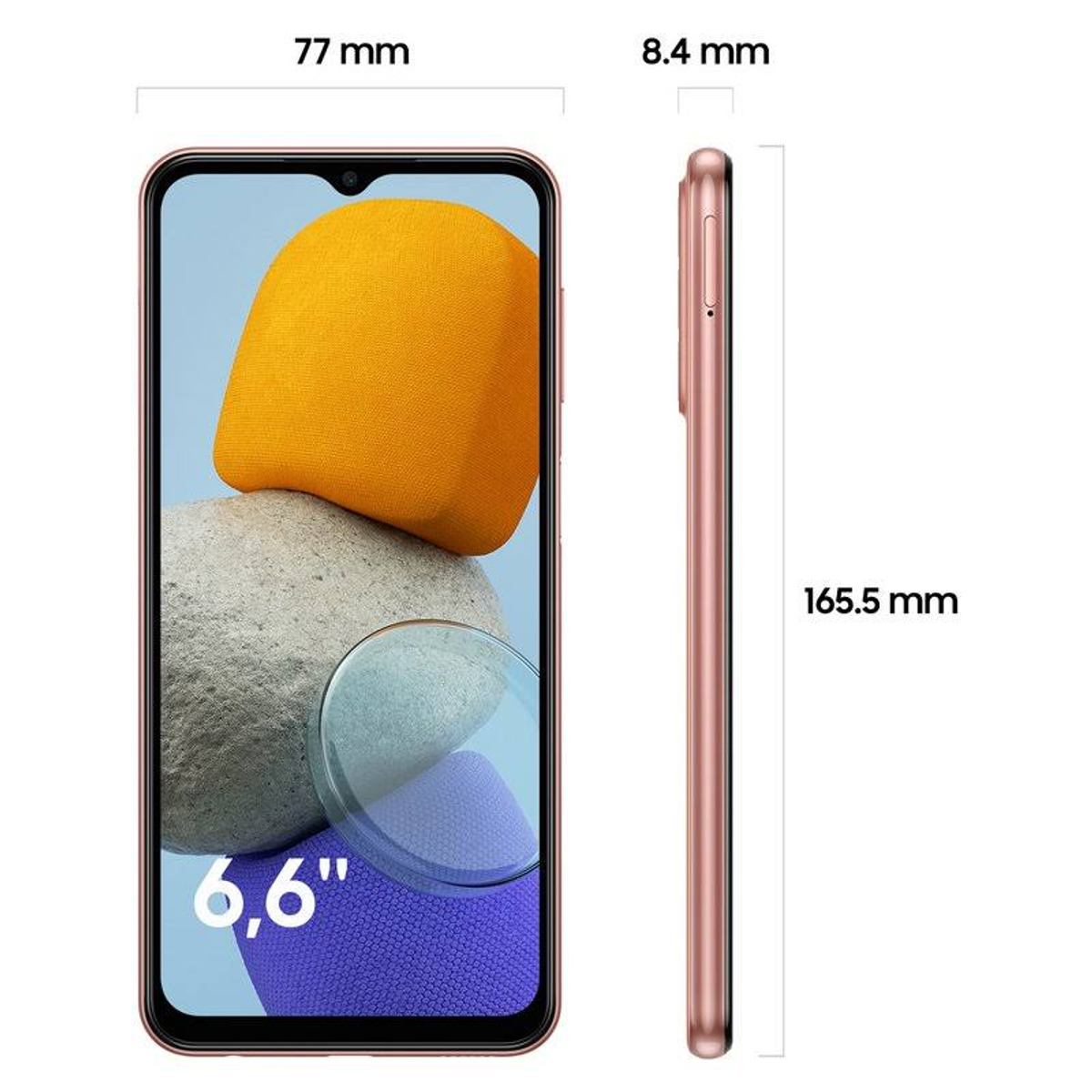Un telefono color oro rosa che mostra il suo schermo. Il telefono viene visualizzato con le dimensioni.